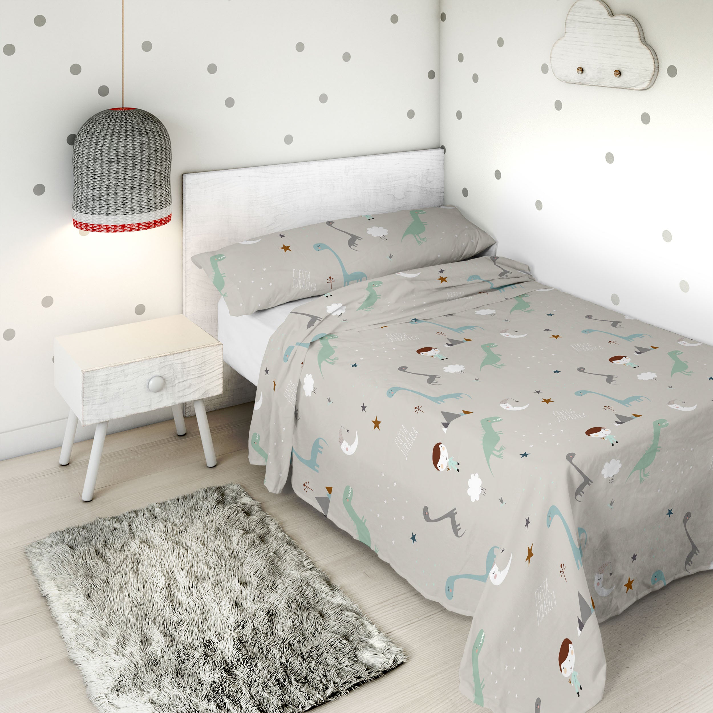 COMPLETO LENZUOLA STAMPATO PER BAMBINI JURASIC WHITE B 100% COTONE