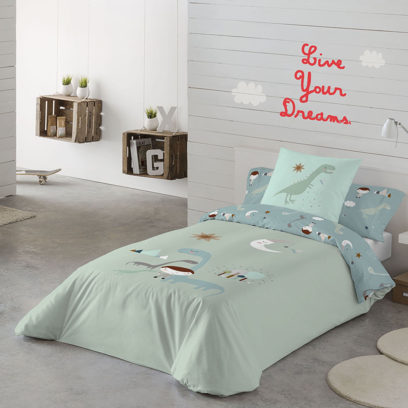 FUNDA NÓRDICA REVERSIBLE ESTAMPADA INFANTIL JURASIC GREEN 100% ALGODÓN