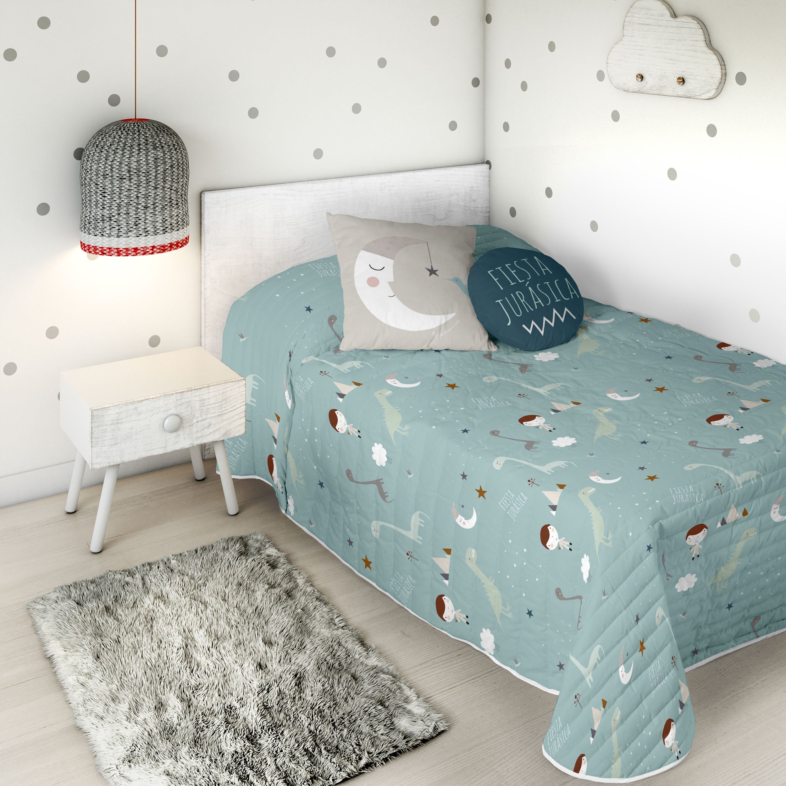 COLCHA BOUTI REVERSIBLE ESTAMPADA INFANTIL JURASIC GREEN 100% ALGODÓN