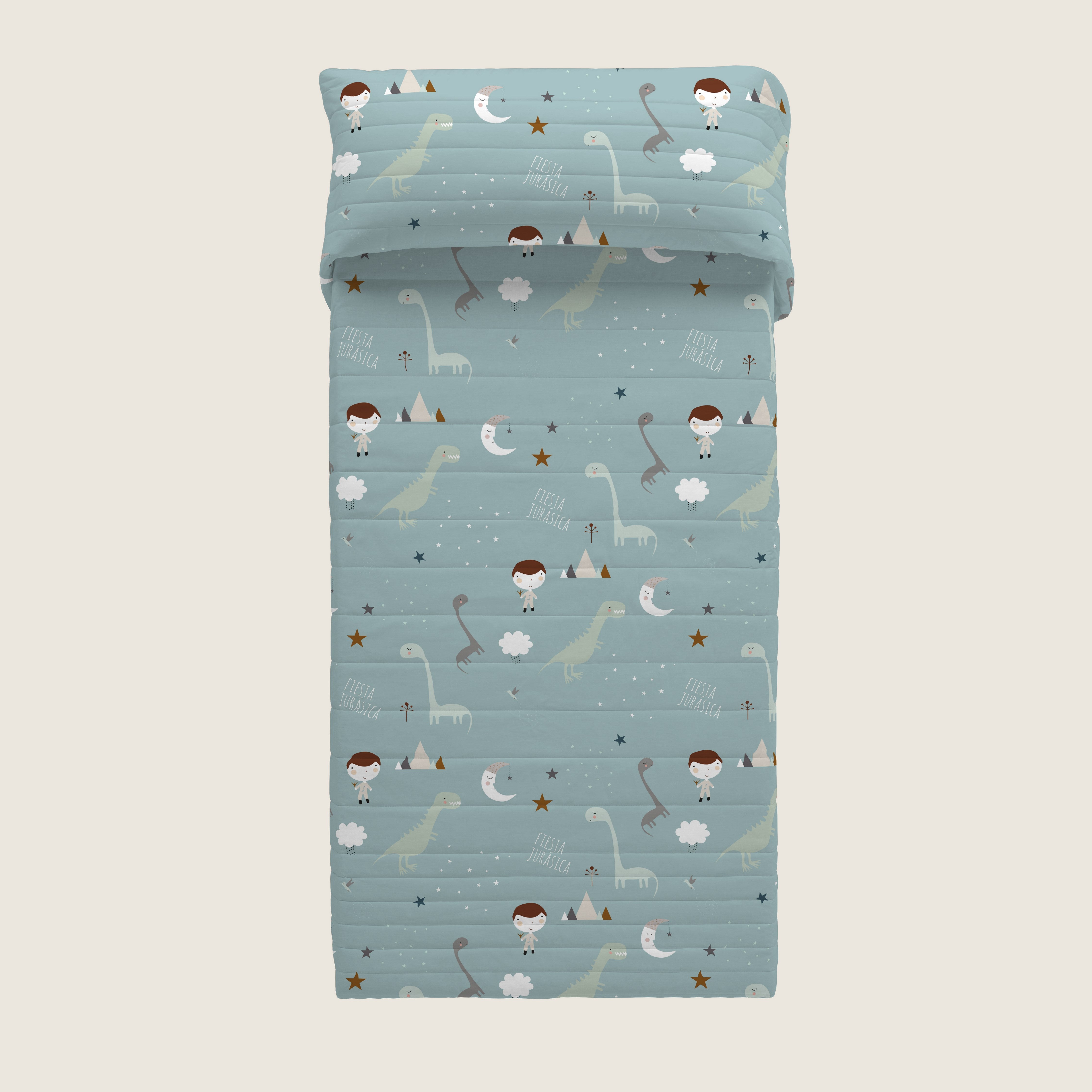 COLCHA BOUTI REVERSIBLE ESTAMPADA INFANTIL JURASIC GREEN 100% ALGODÓN