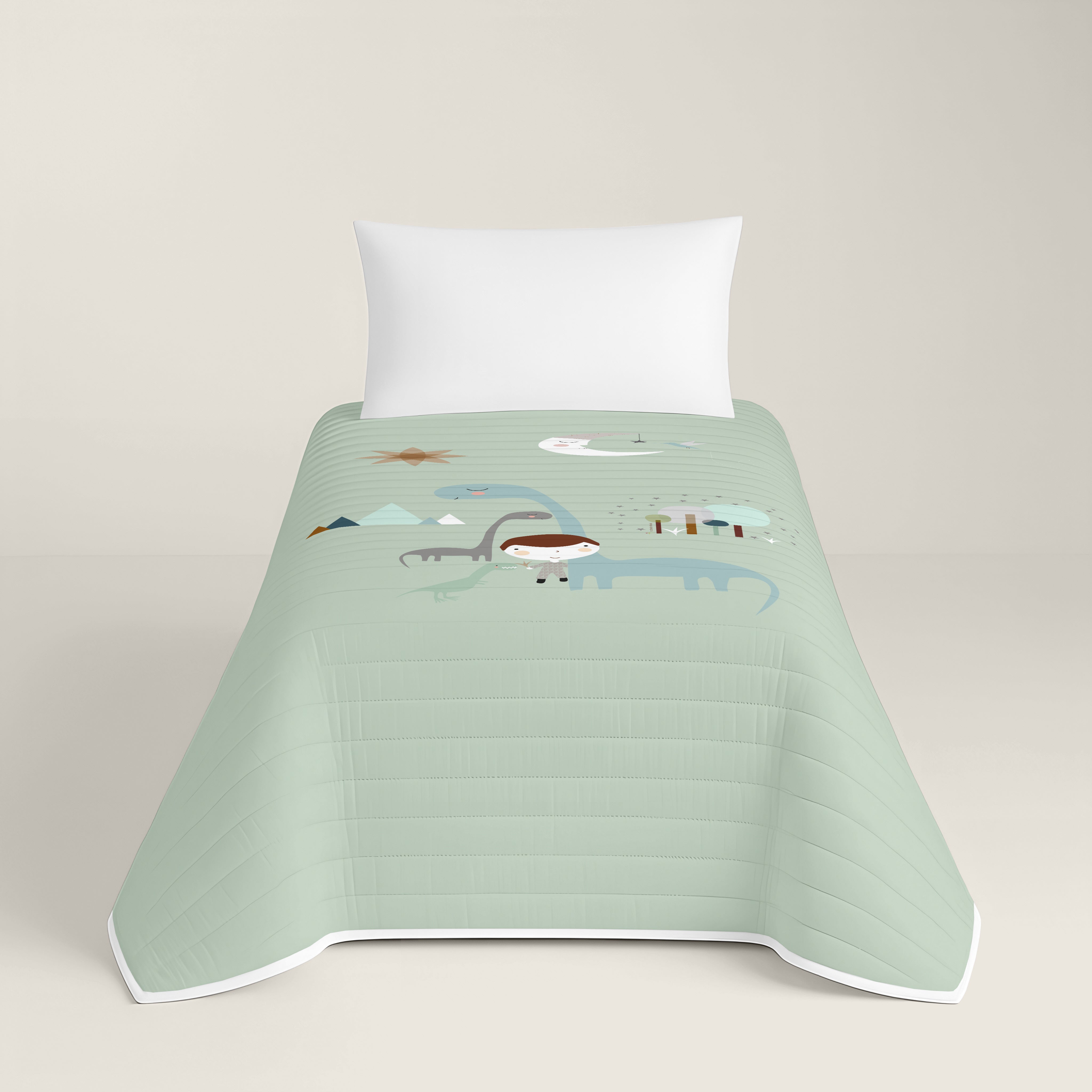 COLCHA BOUTI REVERSIBLE ESTAMPADA INFANTIL JURASIC GREEN 100% ALGODÓN