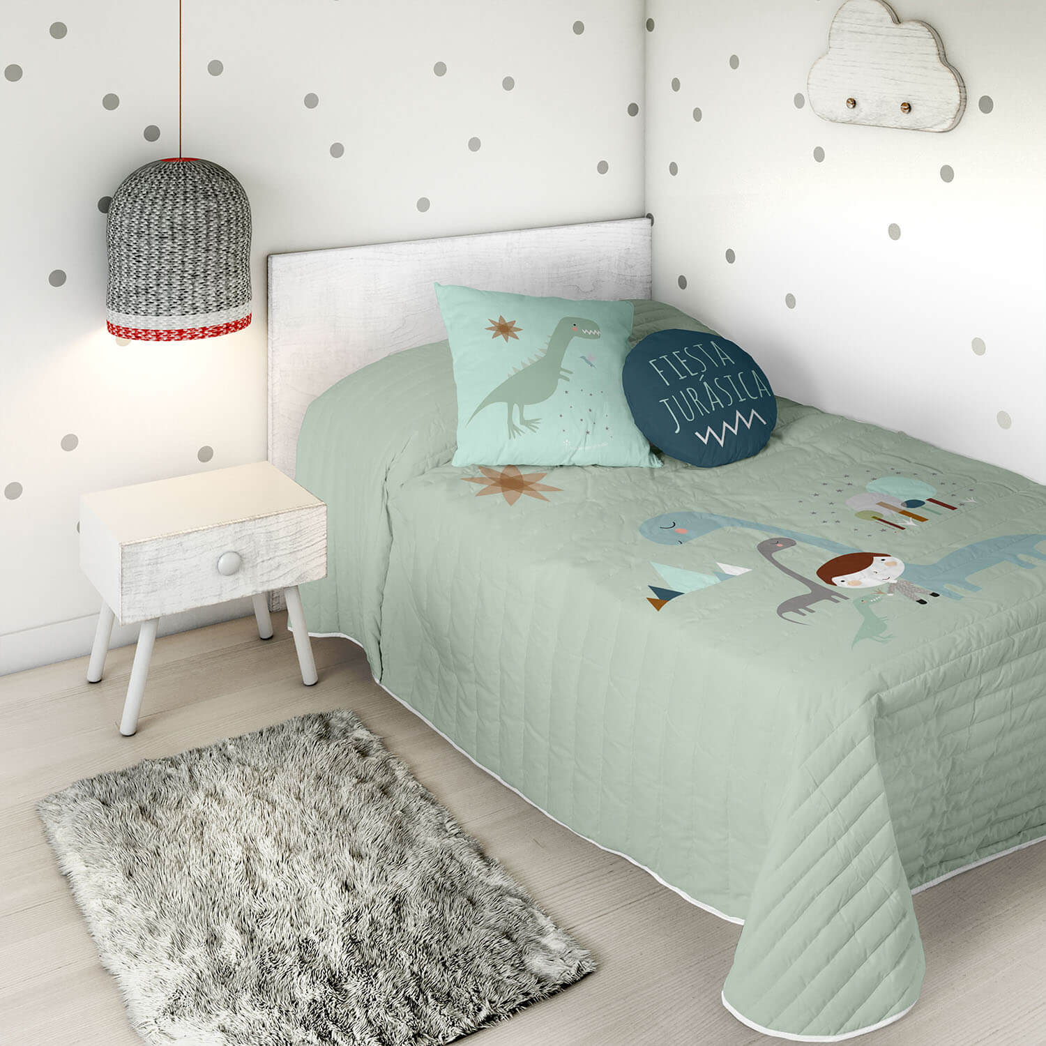 COLCHA BOUTI REVERSIBLE ESTAMPADA INFANTIL JURASIC GREEN 100% ALGODÓN