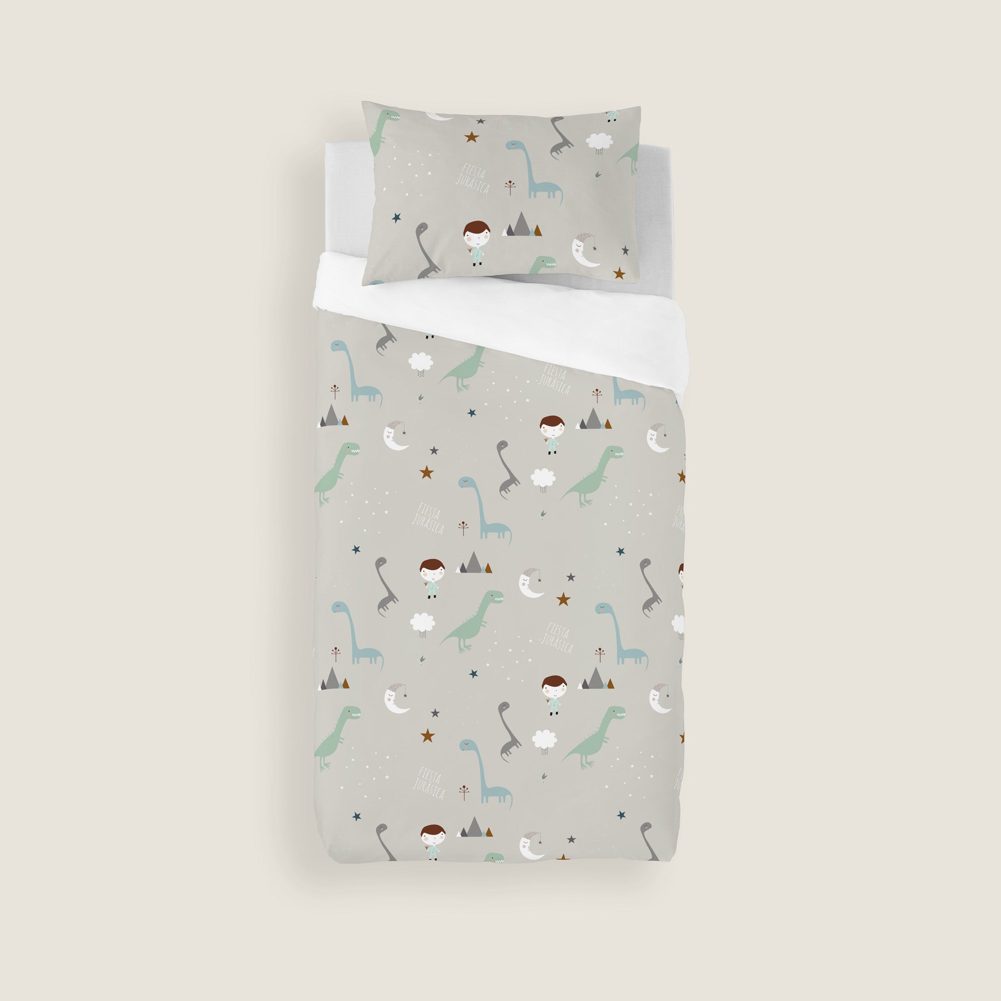 COPRIPIUMINO REVERSIBILE STAMPATO PER BAMBINI JURASSIC WHITE 100% COTONE