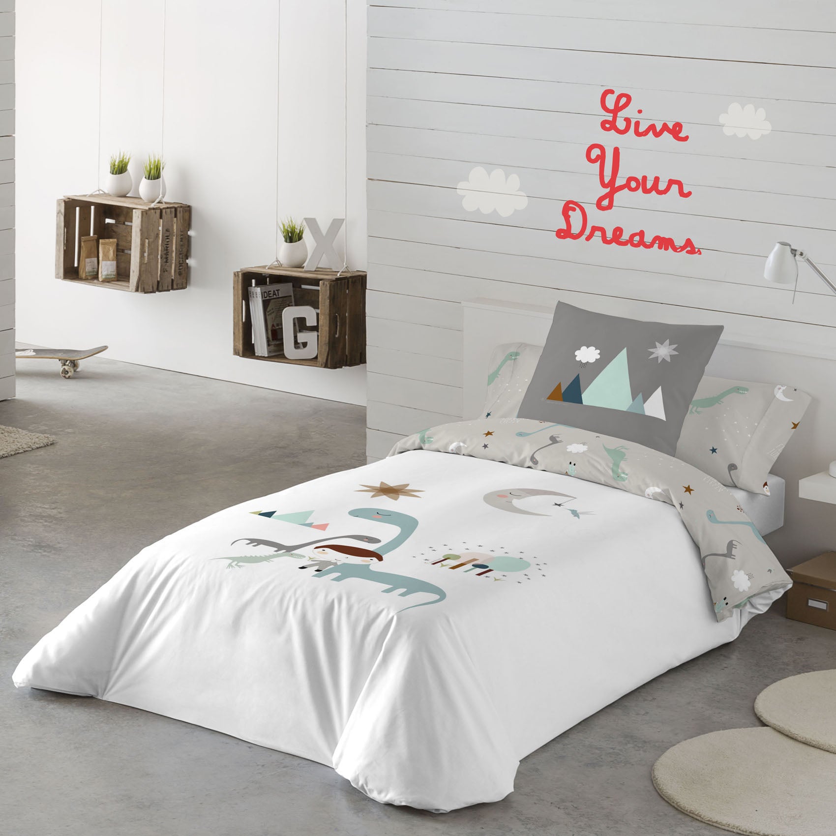 FUNDA NÓRDICA REVERSIBLE ESTAMPADA INFANTIL JURASIC WHITE 100% ALGODÓN