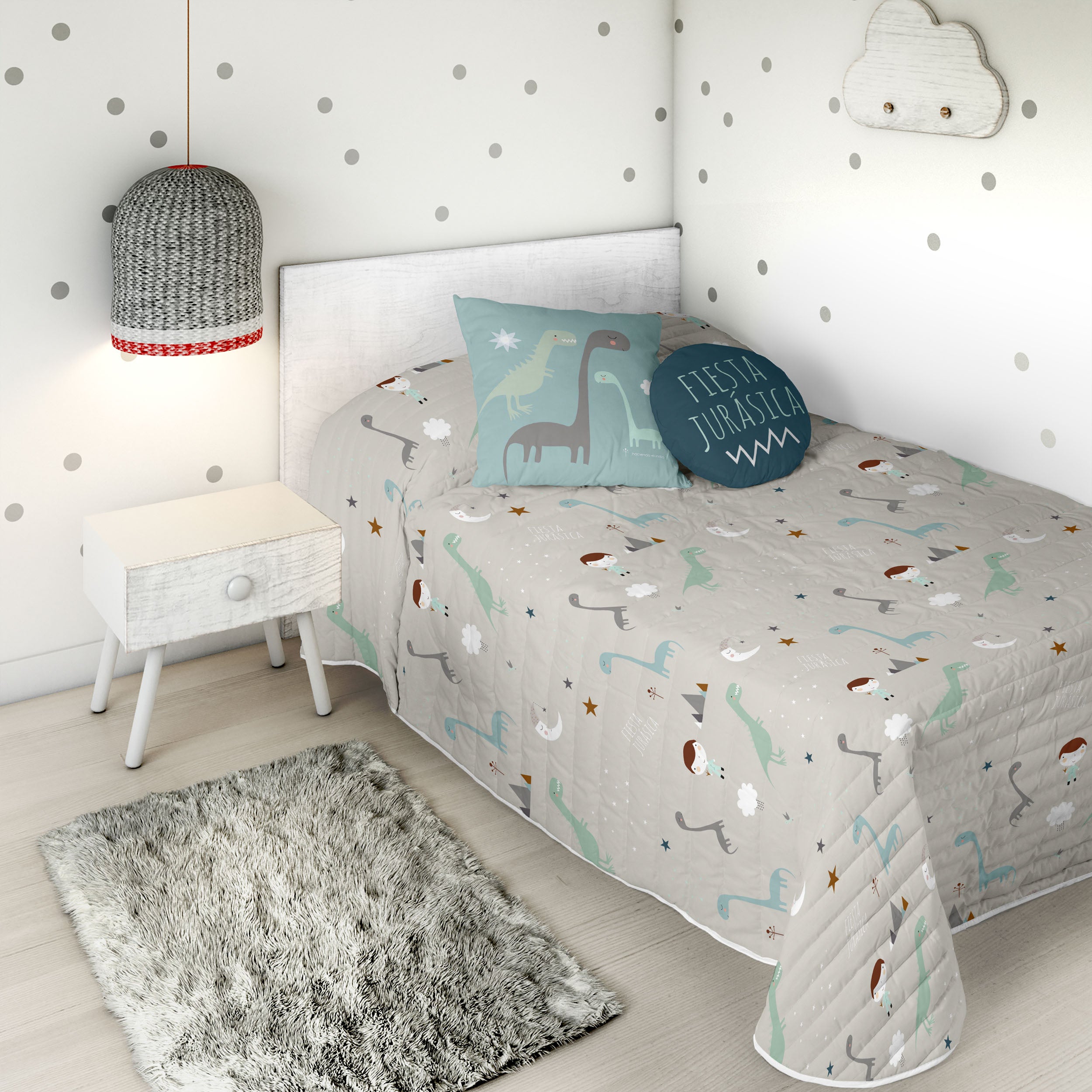 COLCHA BOUTI REVERSIBLE ESTAMPADA INFANTIL JURASIC WHITE 100% ALGODÓN