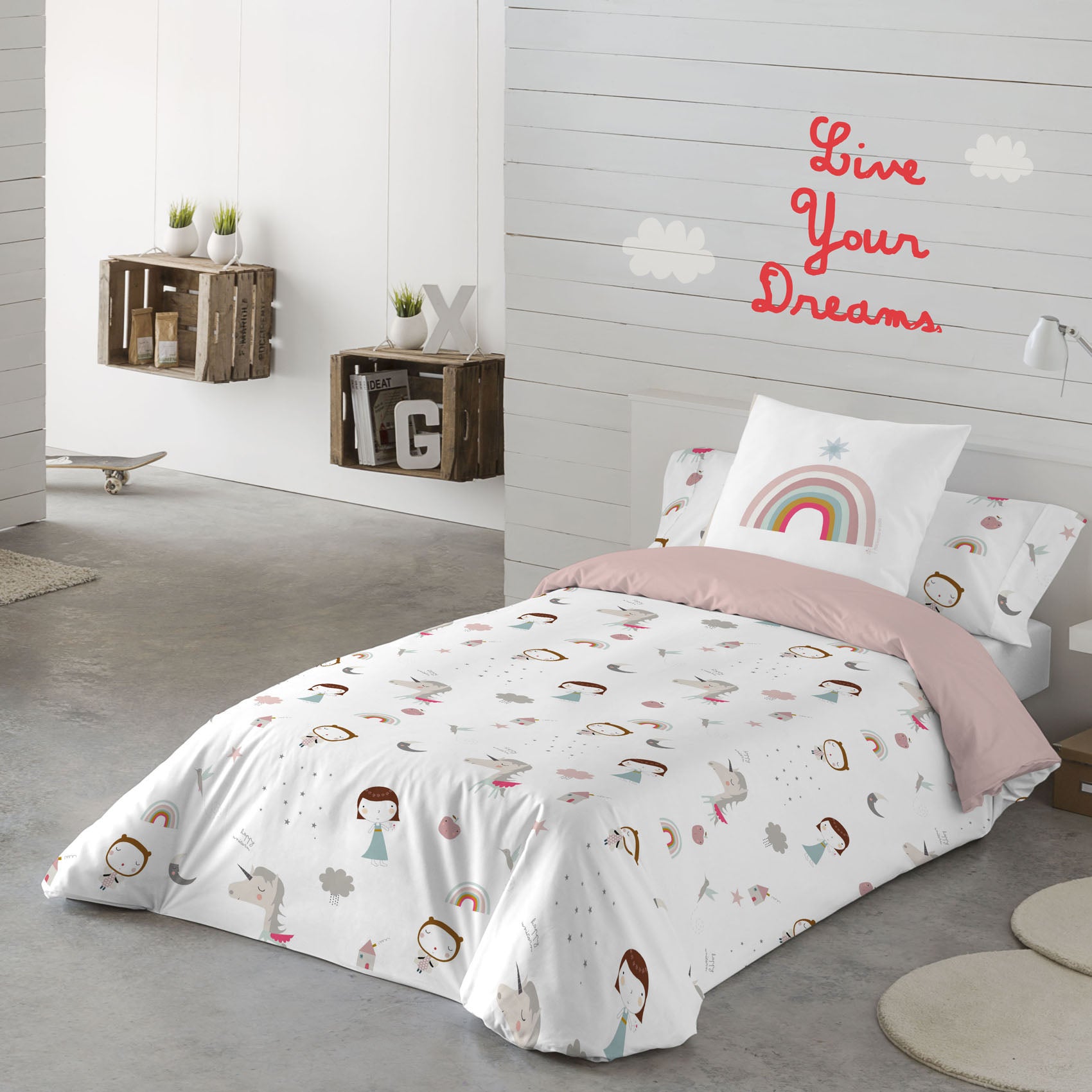 FUNDA NÓRDICA REVERSIBLE ESTAMPADA INFANTIL UNICORN PINK 100% ALGODÓN