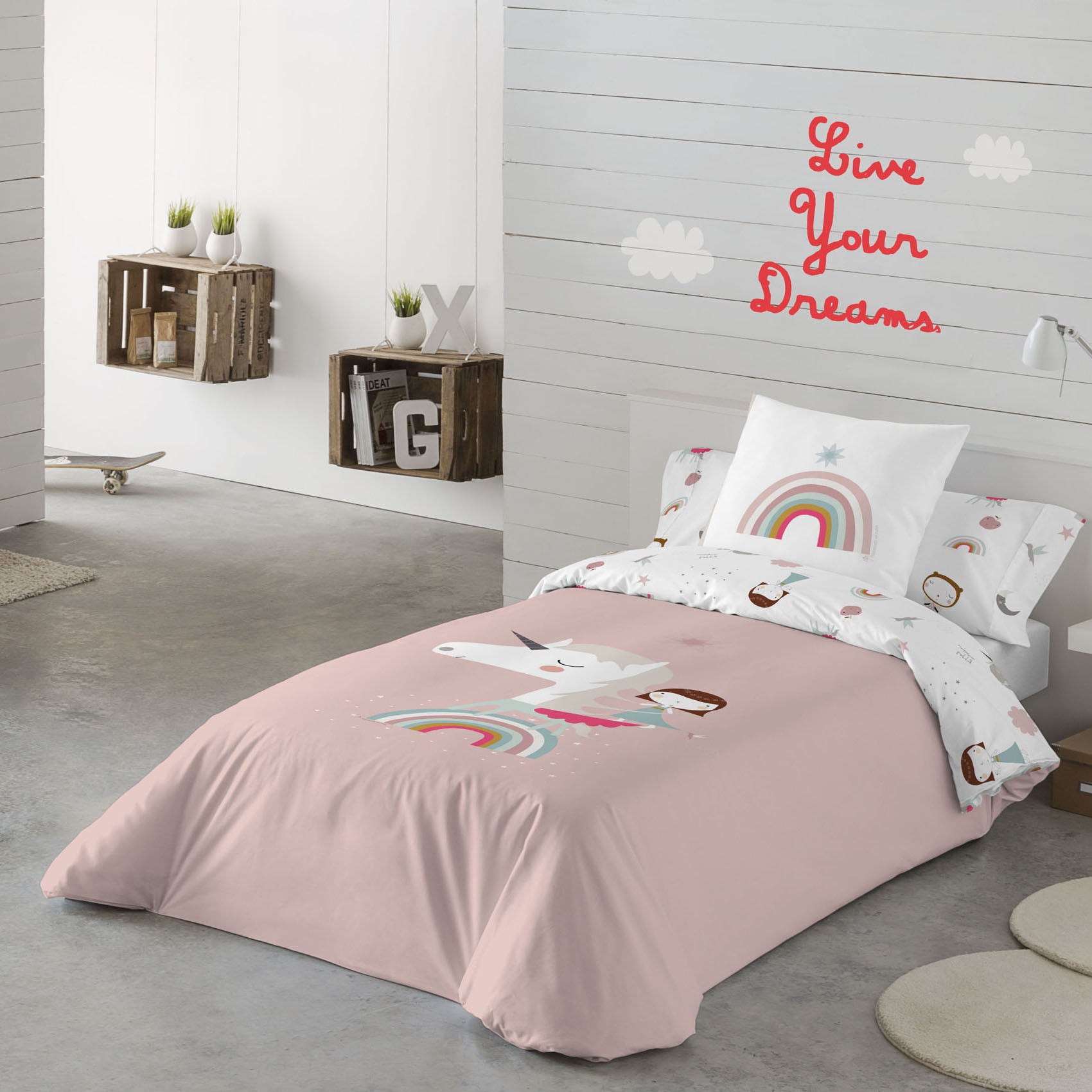 FUNDA NÓRDICA REVERSIBLE ESTAMPADA INFANTIL UNICORN PINK 100% ALGODÓN