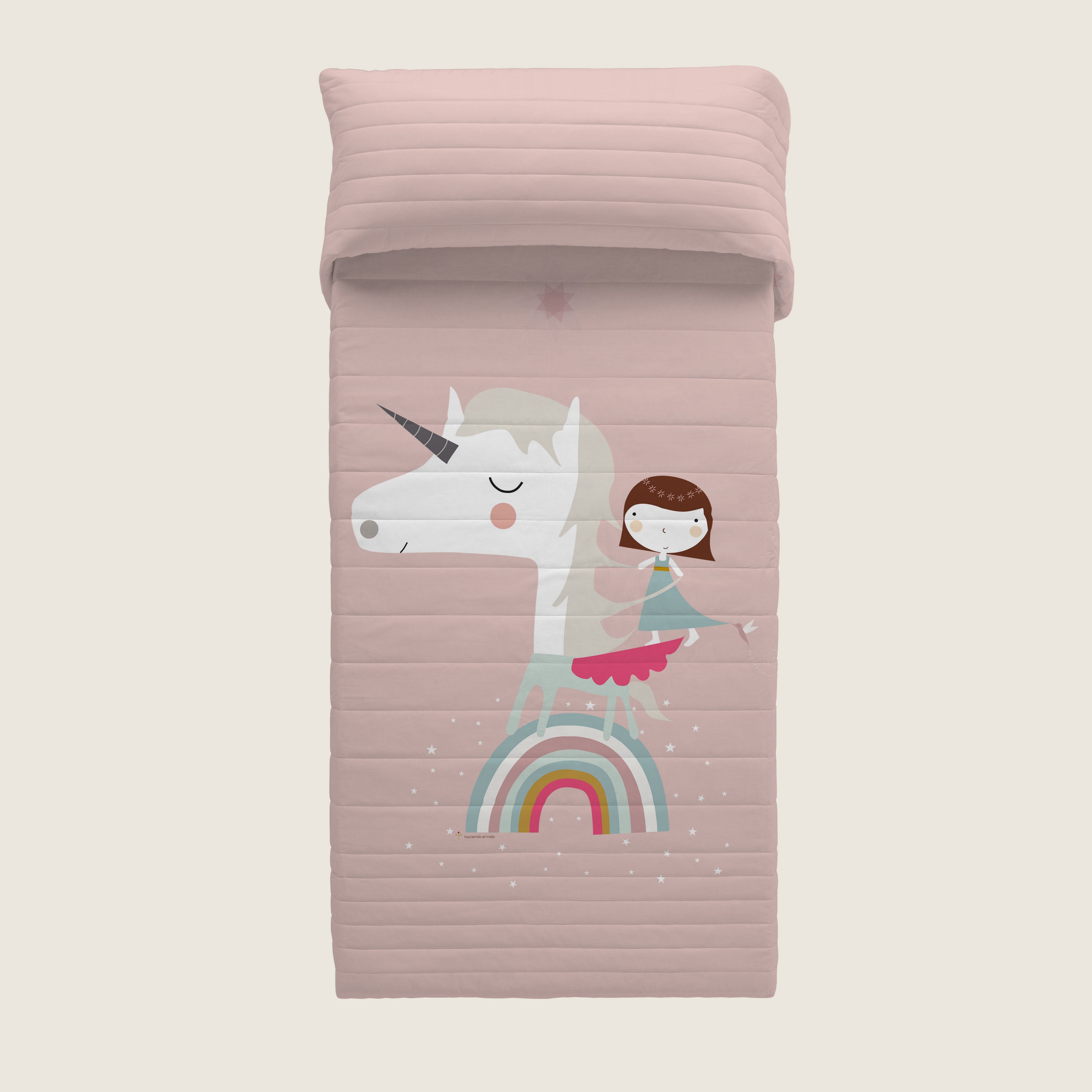 COPRILETTO TRAPUNTATO REVERSIBILE STAMPA BAMBINA UNICORNO ROSA 100% COTONE