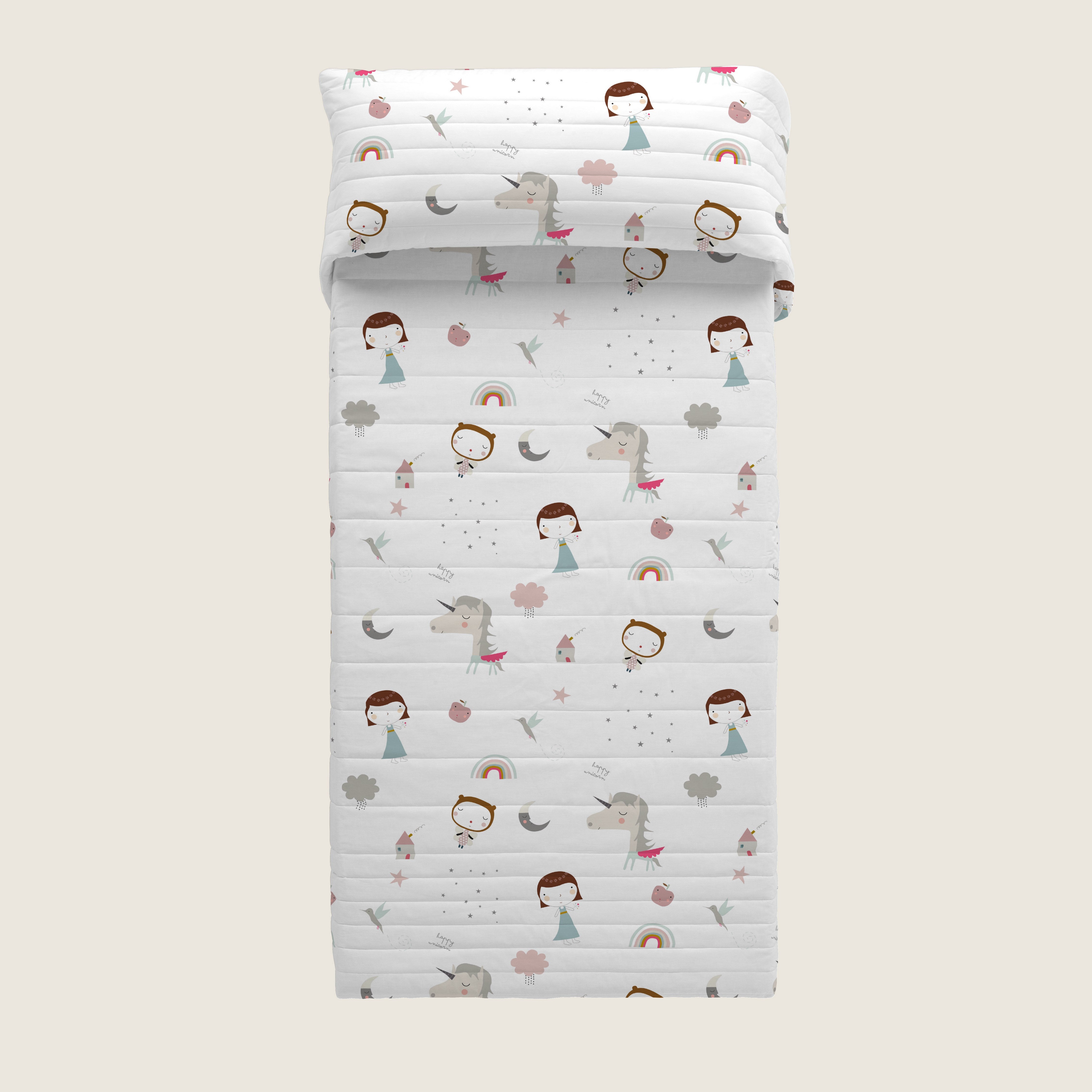 COPRILETTO TRAPUNTATO REVERSIBILE STAMPA BAMBINA UNICORNO ROSA 100% COTONE