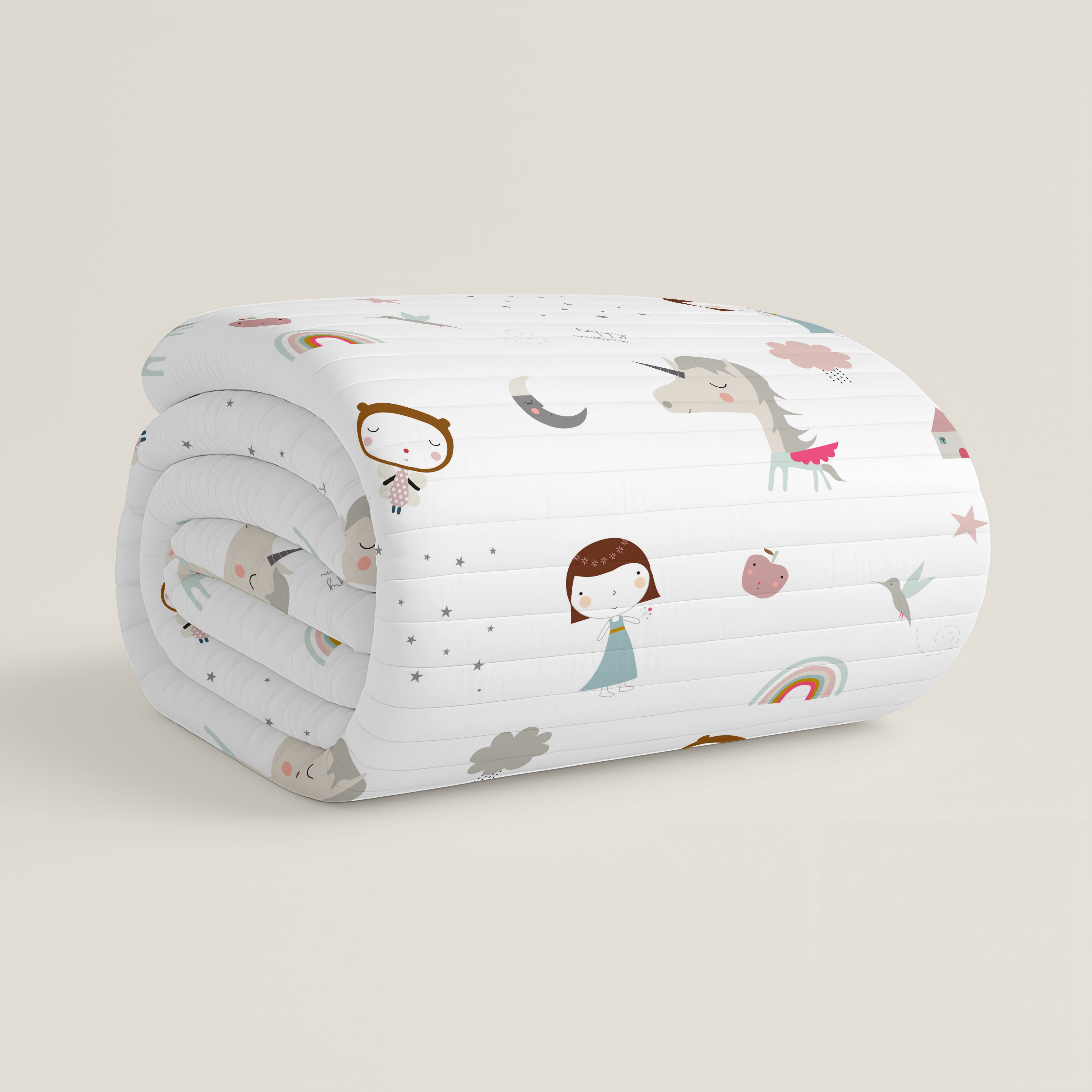 COPRILETTO TRAPUNTATO REVERSIBILE STAMPA BAMBINA UNICORNO ROSA 100% COTONE