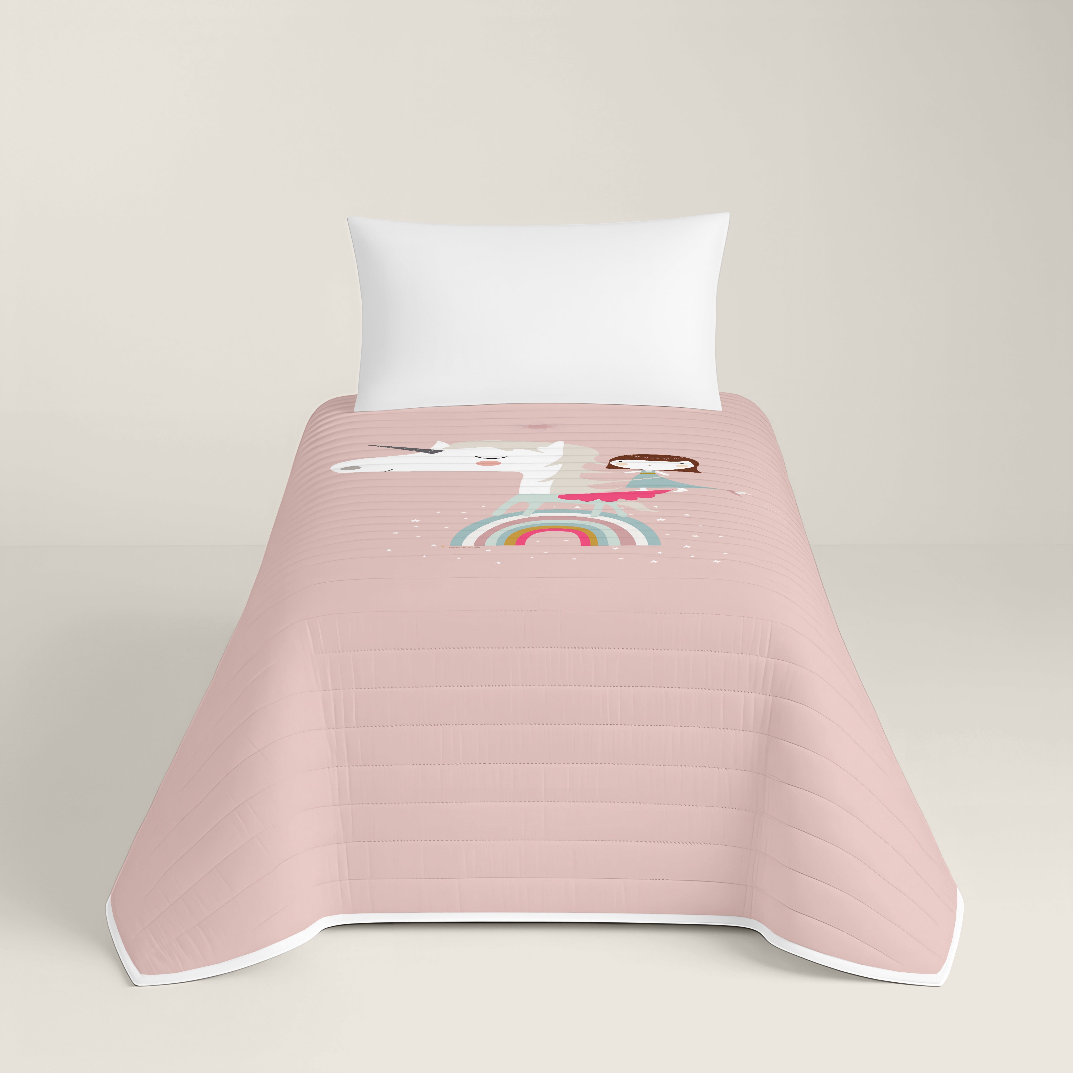 COPRILETTO TRAPUNTATO REVERSIBILE STAMPA BAMBINA UNICORNO ROSA 100% COTONE