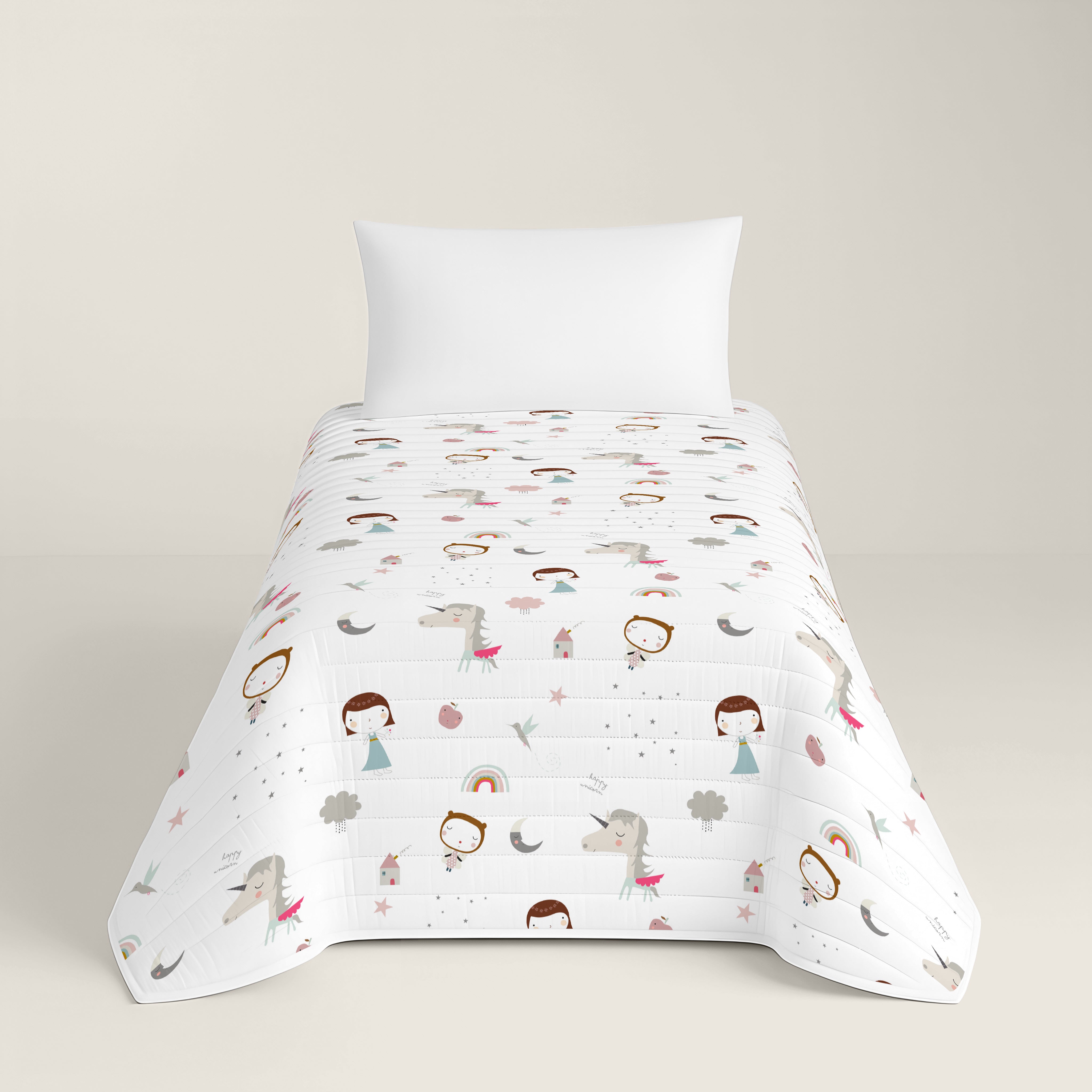 COPRILETTO TRAPUNTATO REVERSIBILE STAMPA BAMBINA UNICORNO ROSA 100% COTONE