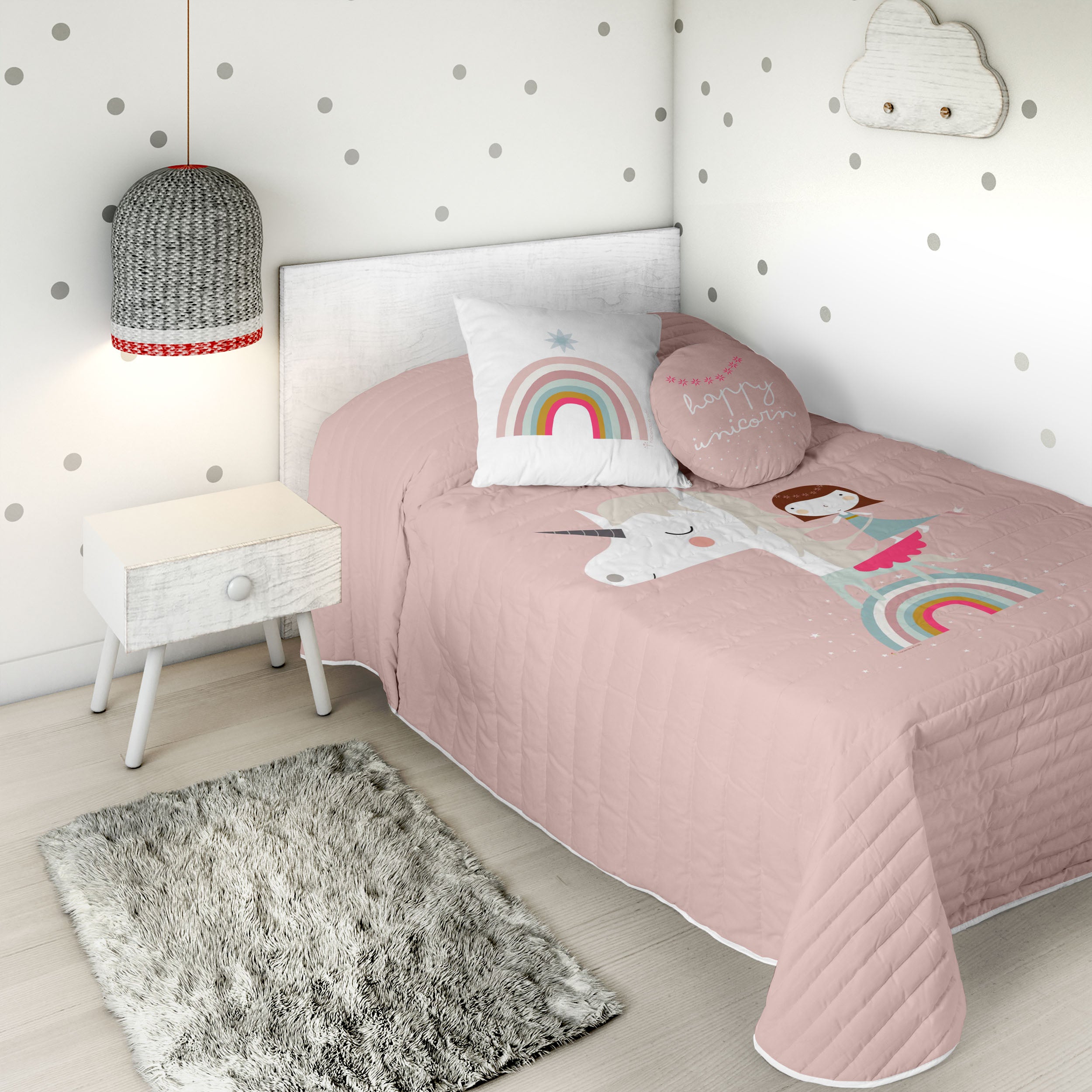 COPRILETTO TRAPUNTATO REVERSIBILE STAMPA BAMBINA UNICORNO ROSA 100% COTONE