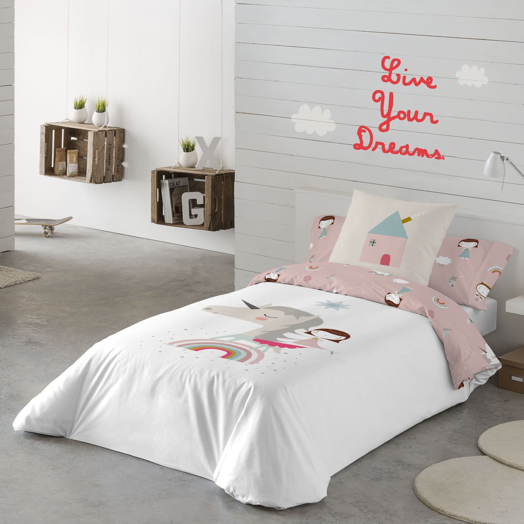 FUNDA NÓRDICA REVERSIBLE ESTAMPADA INFANTIL UNICORN WHITE 100% ALGODÓN