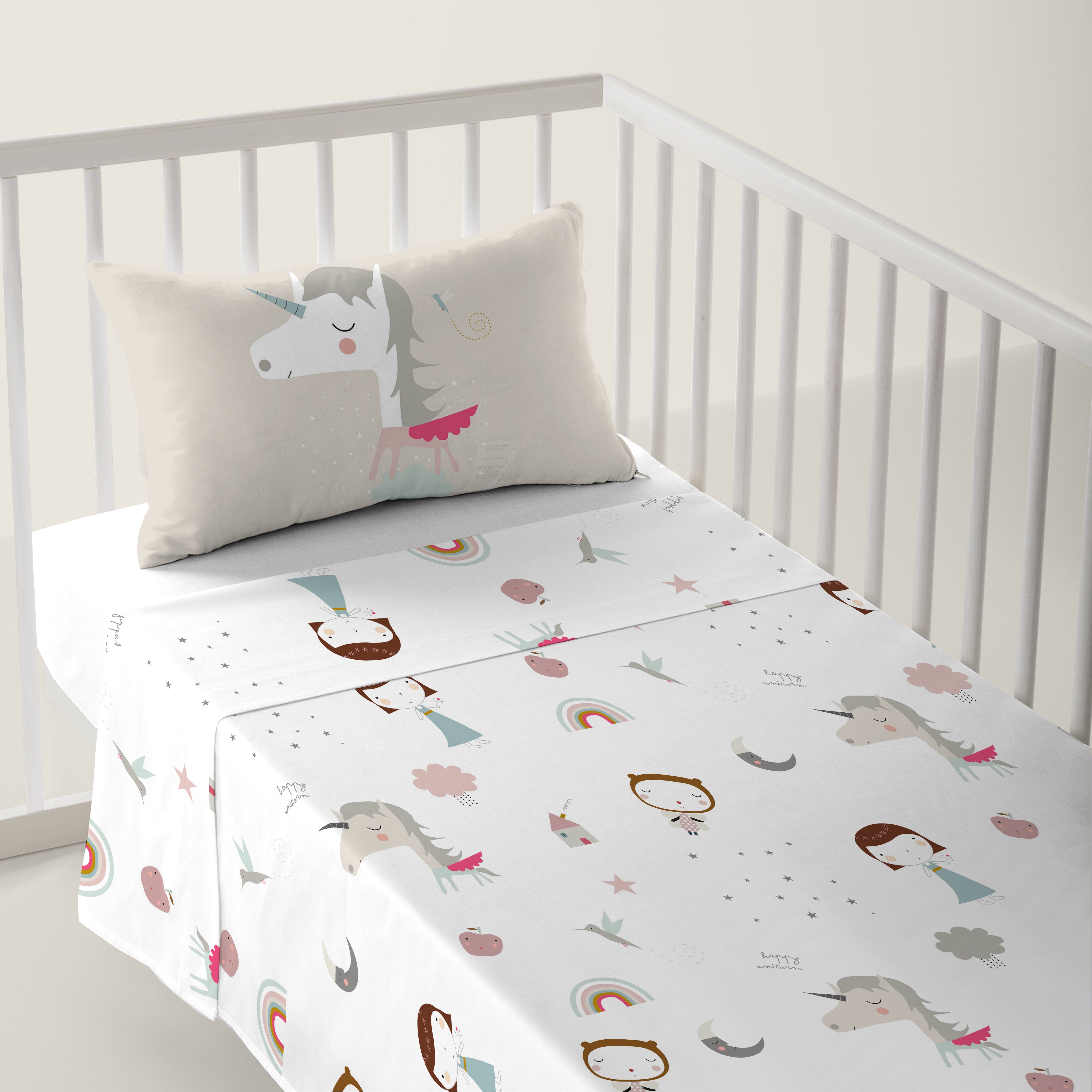 JUEGO DE SÁBANAS CUNA BEBÉ UNICORN PINK B 100% ALGODÓN