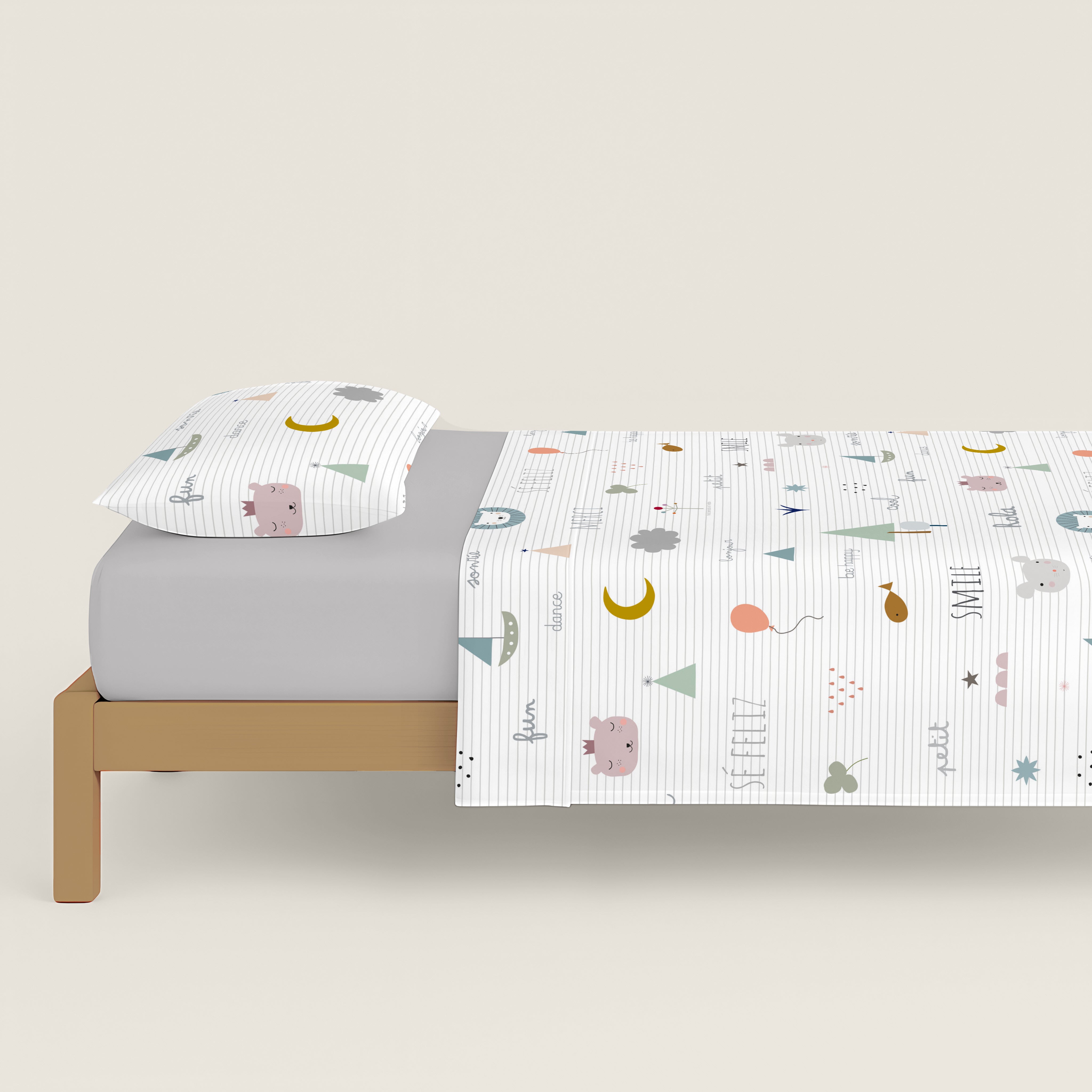 JUEGO SÁBANAS ESTAMPADAS INFANTIL SE FELIZ 100% ALGODÓN