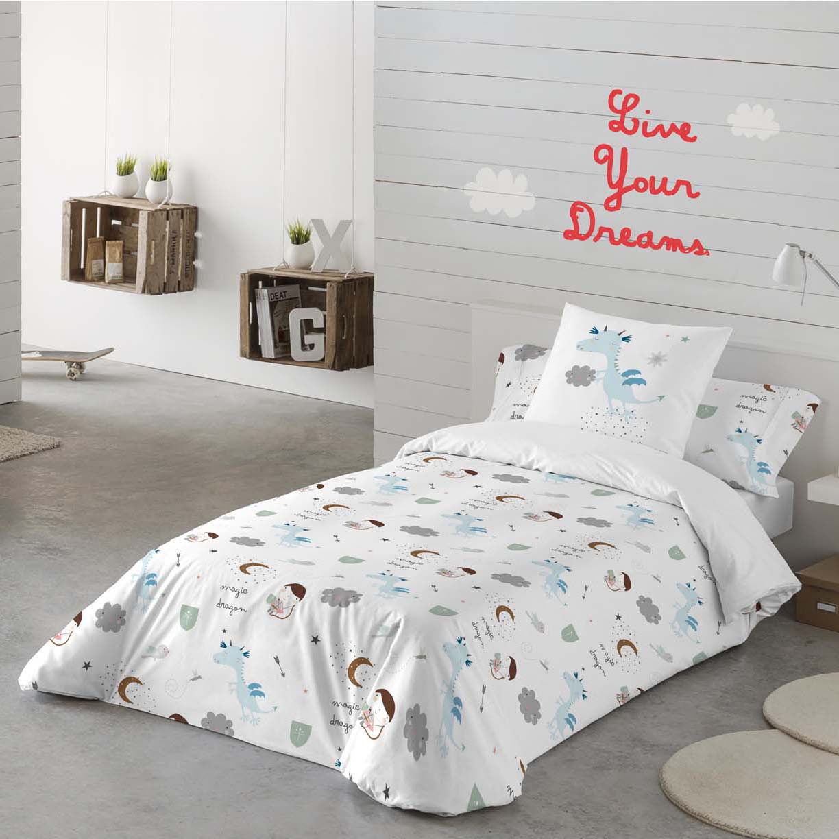 FUNDA NÓRDICA REVERSIBLE ESTAMPADA INFANTIL MAGIC DRAGON 100% ALGODÓN