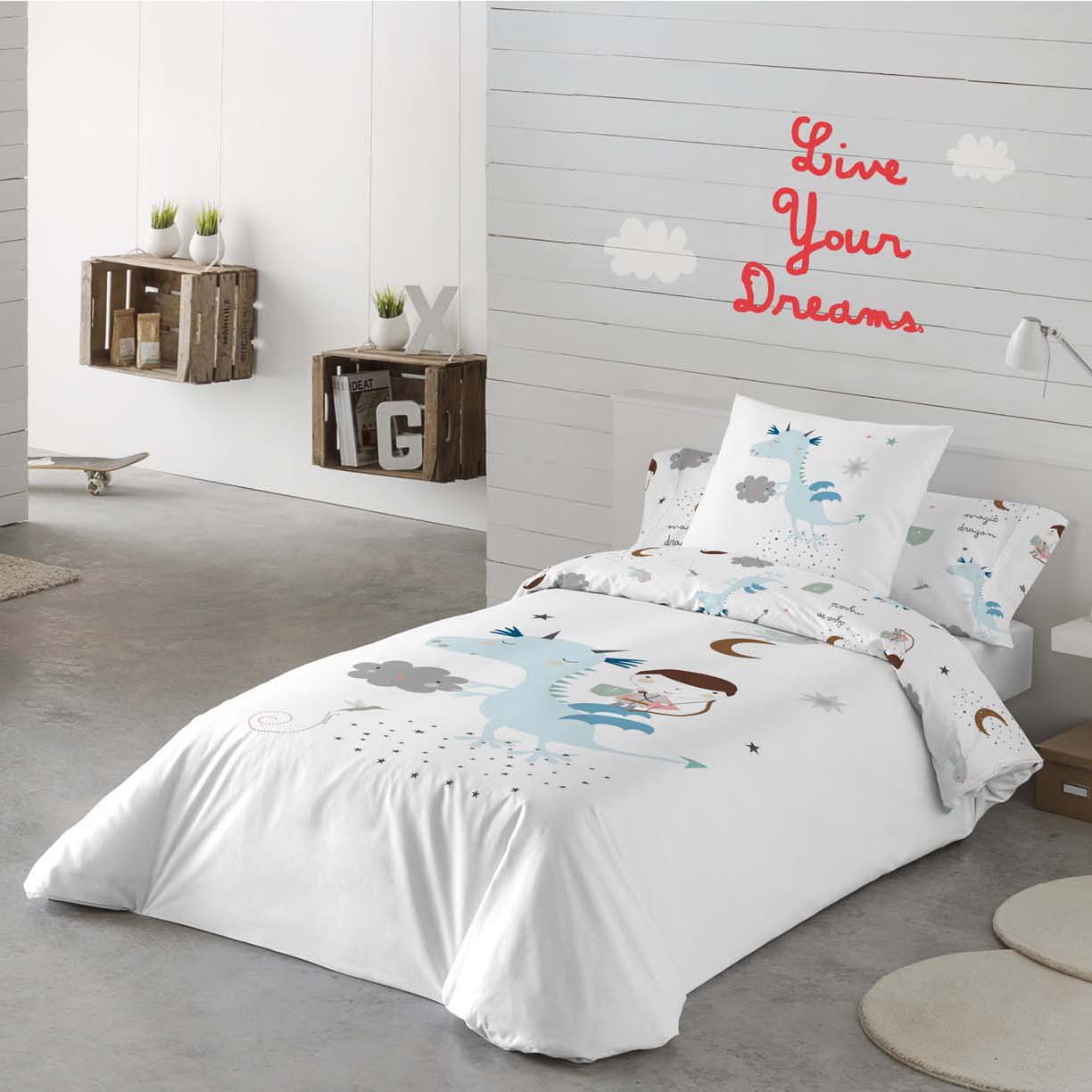 FUNDA NÓRDICA REVERSIBLE ESTAMPADA INFANTIL MAGIC DRAGON 100% ALGODÓN