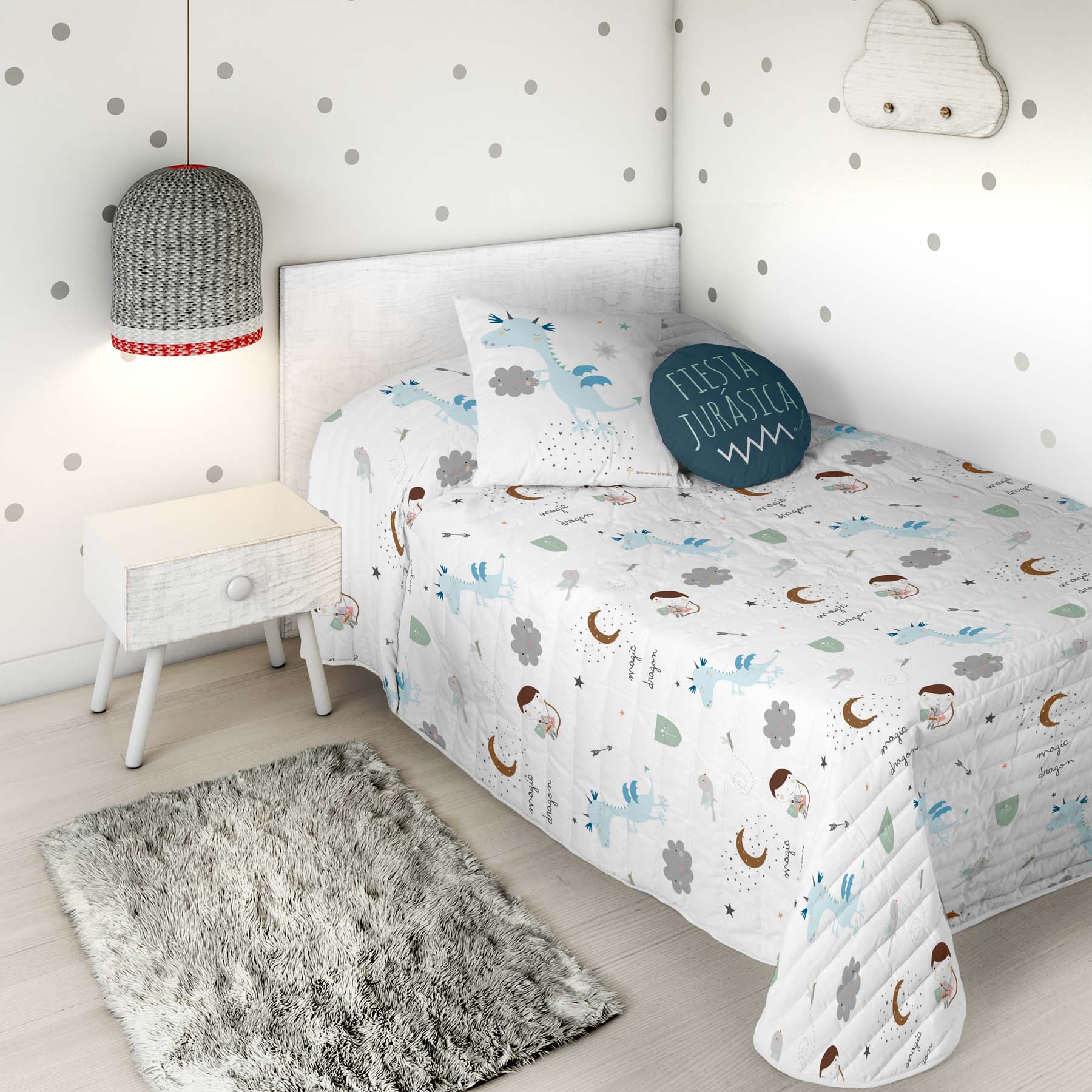 COLCHA BOUTI REVERSIBLE ESTAMPADA INFANTIL MAGIC DRAGON 100% ALGODÓN