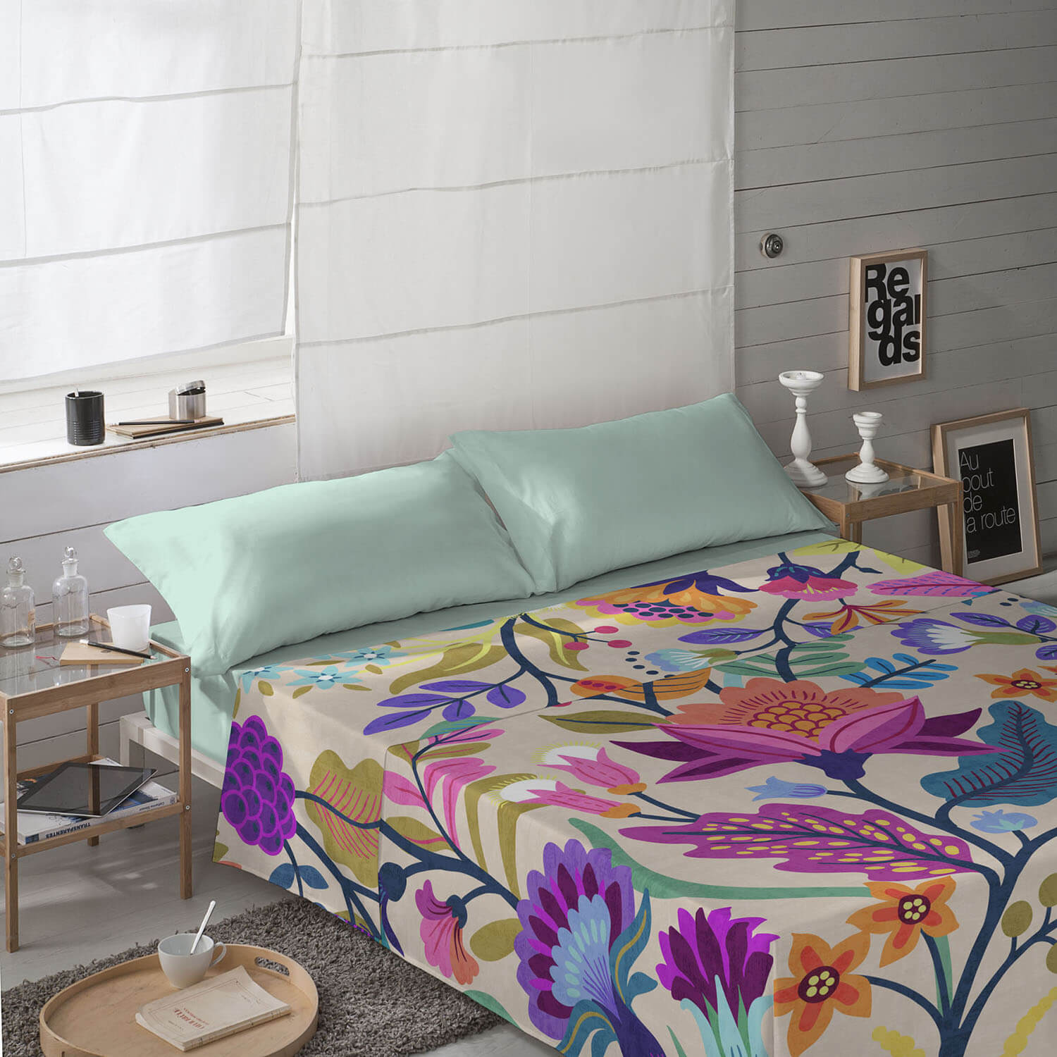 JUEGO SÁBANAS ESTAMPADAS MARENA BEIG 100% ALGODÓN