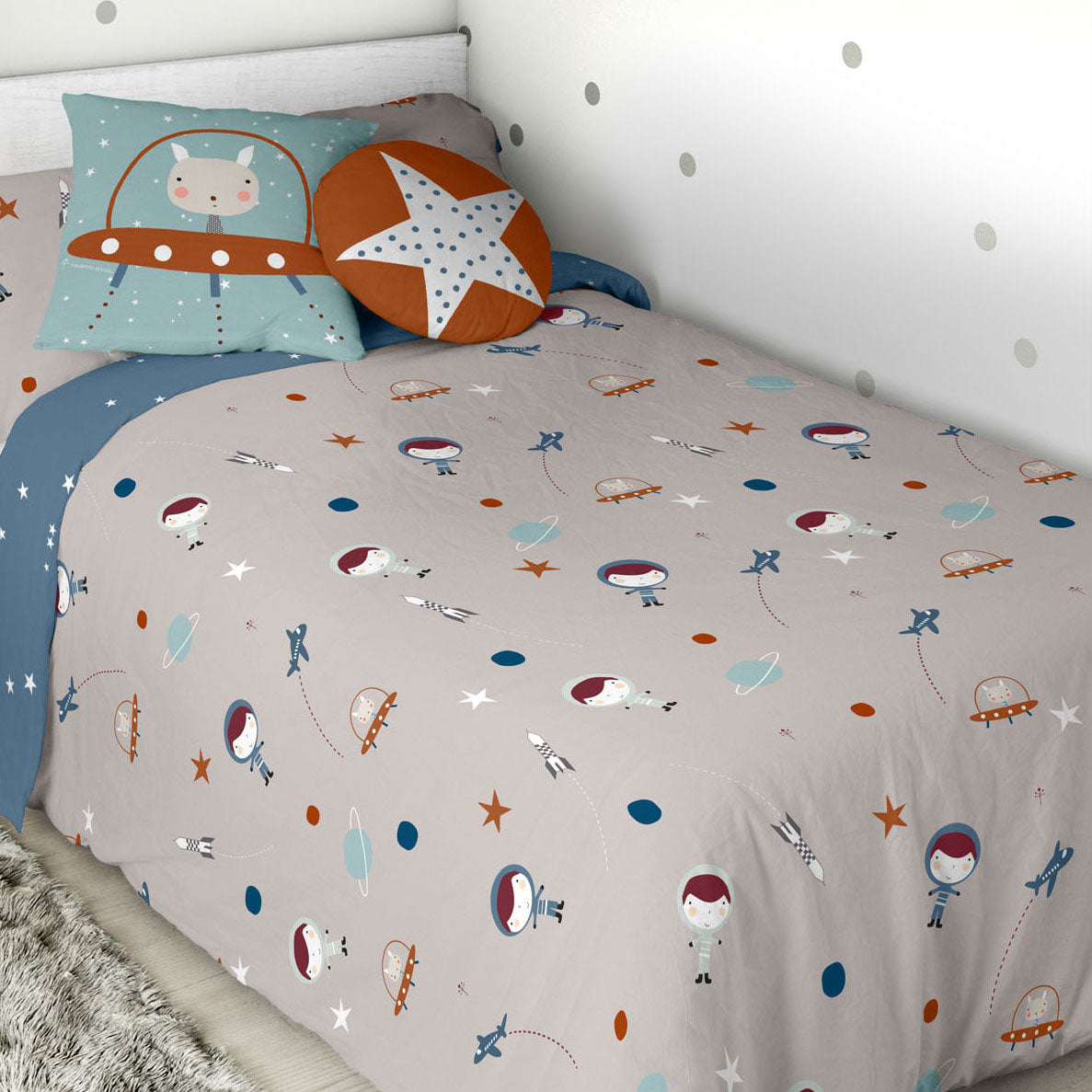 FUNDA NÓRDICA REVERSIBLE ESTAMPADA INFANTIL PLANETA 100% ALGODÓN