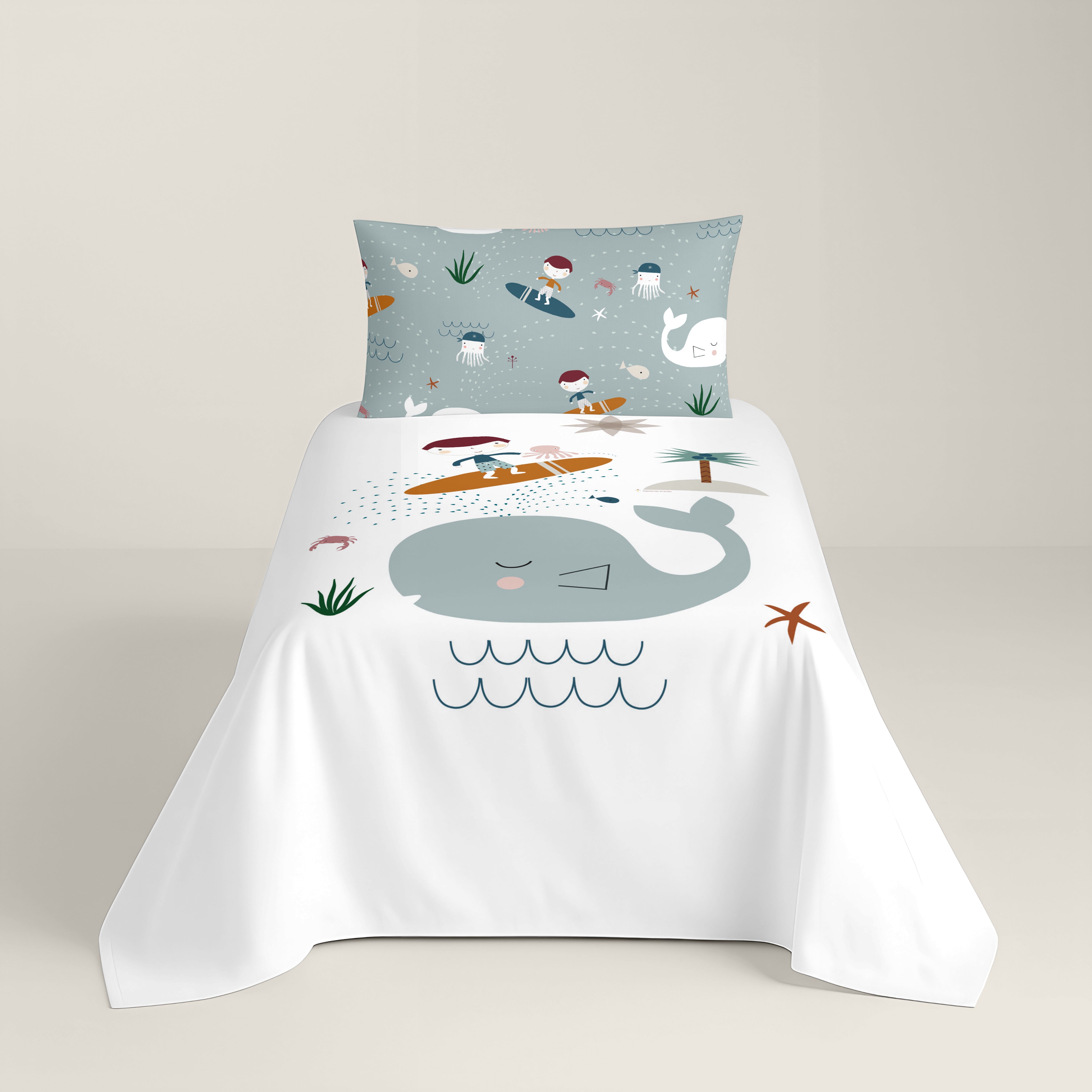 SET LENZUOLA STAMPATE PER BAMBINI SURF IN 100% COTONE
