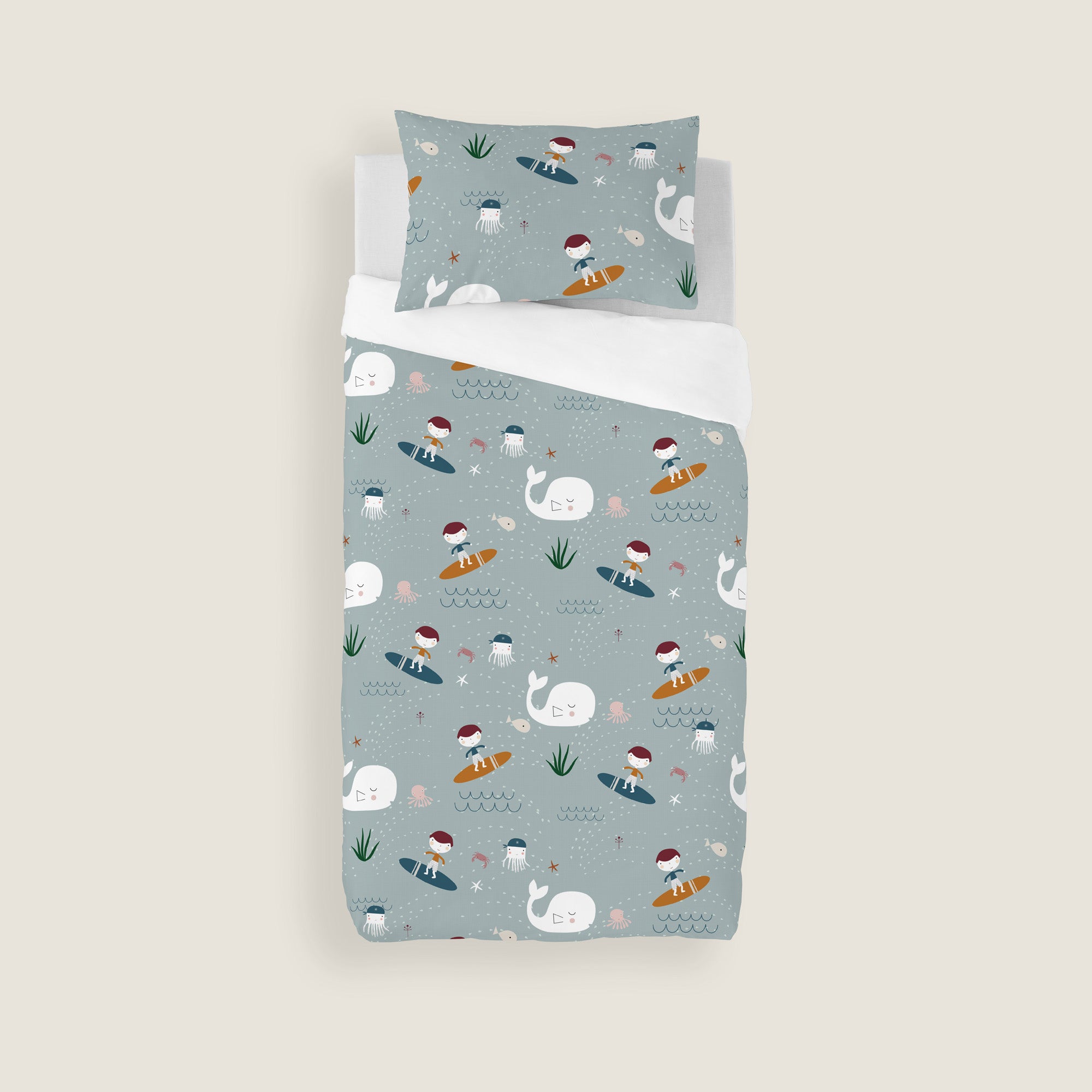 COPRIPIUMINO REVERSIBILE STAMPATO PER BAMBINI SURF 100% COTONE