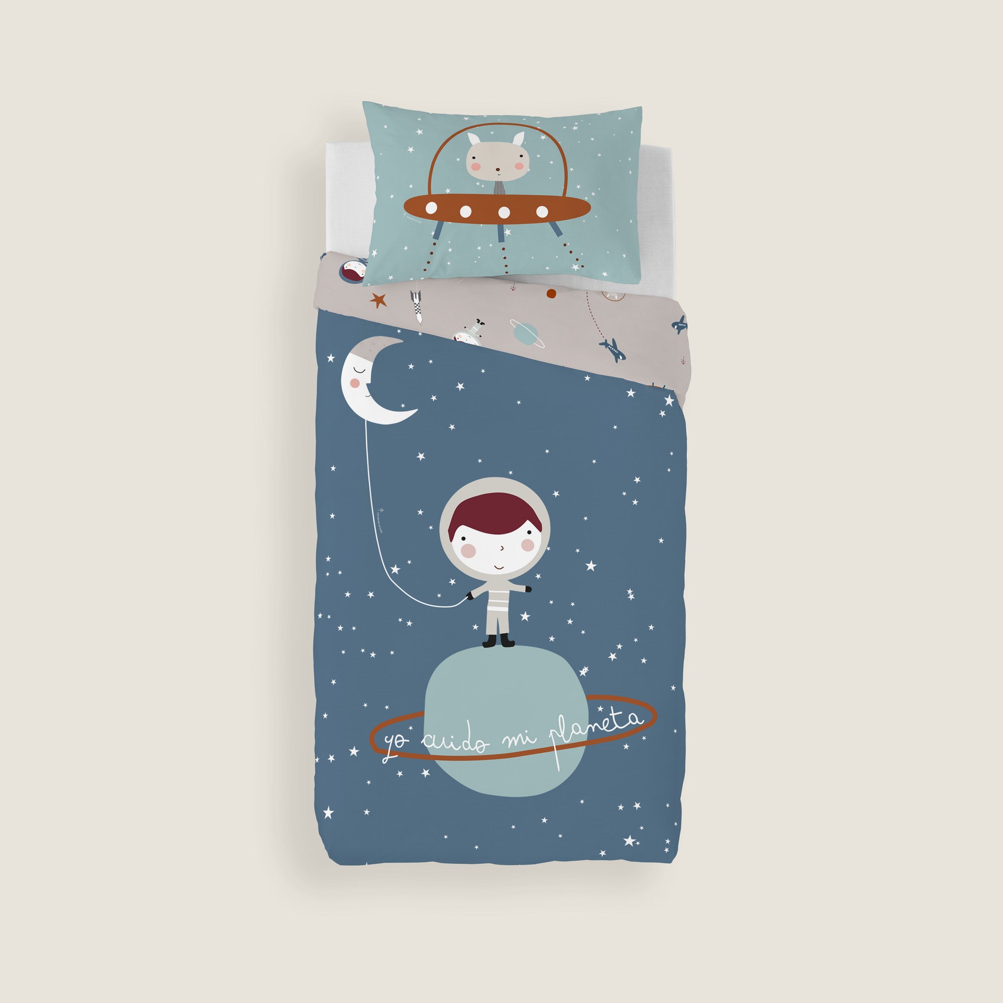 FUNDA NÓRDICA REVERSIBLE CUNA BEBÉ PLANETA 100% ALGODÓN