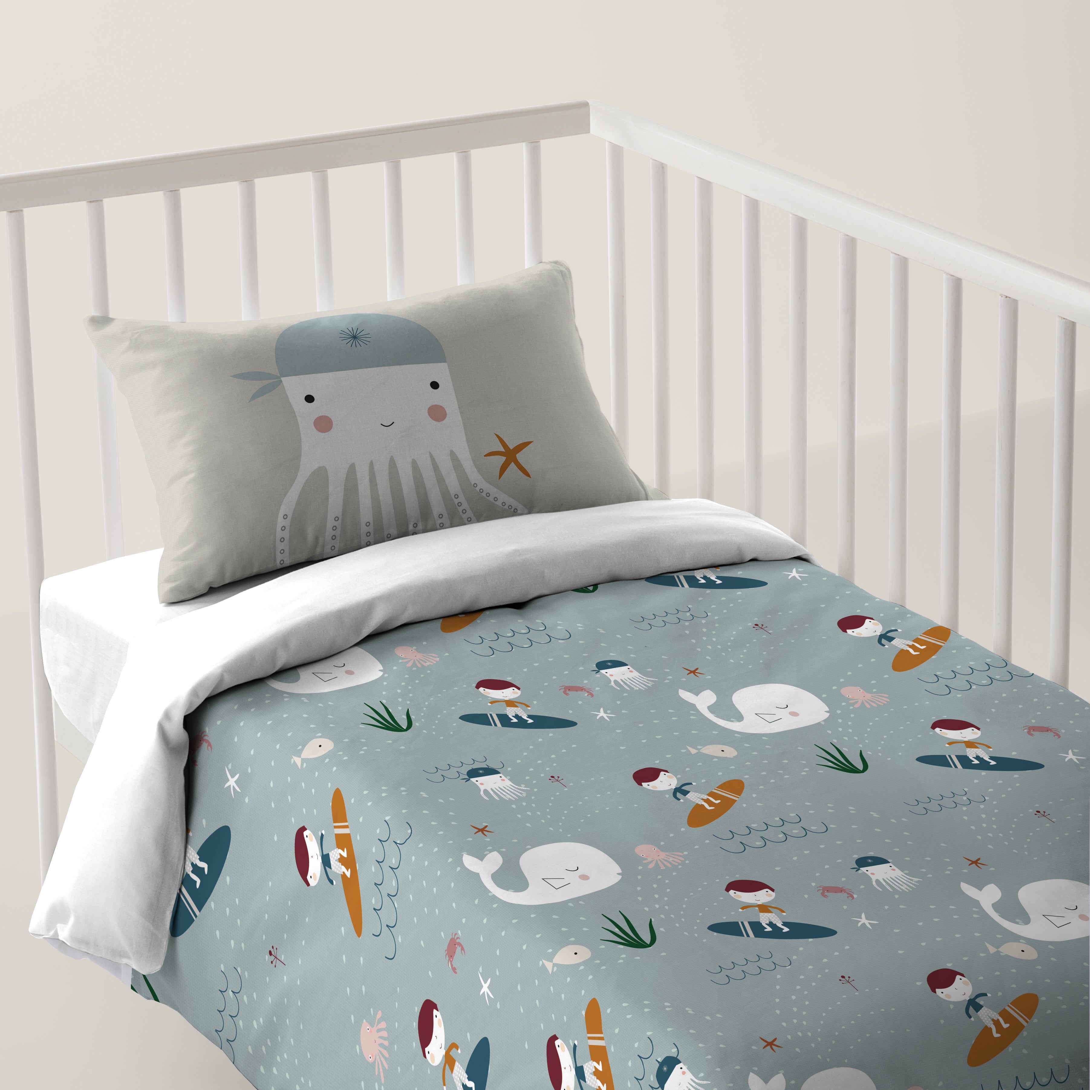 FUNDA NÓRDICA REVERSIBLE CUNA BEBÉ SURF 100% ALGODÓN