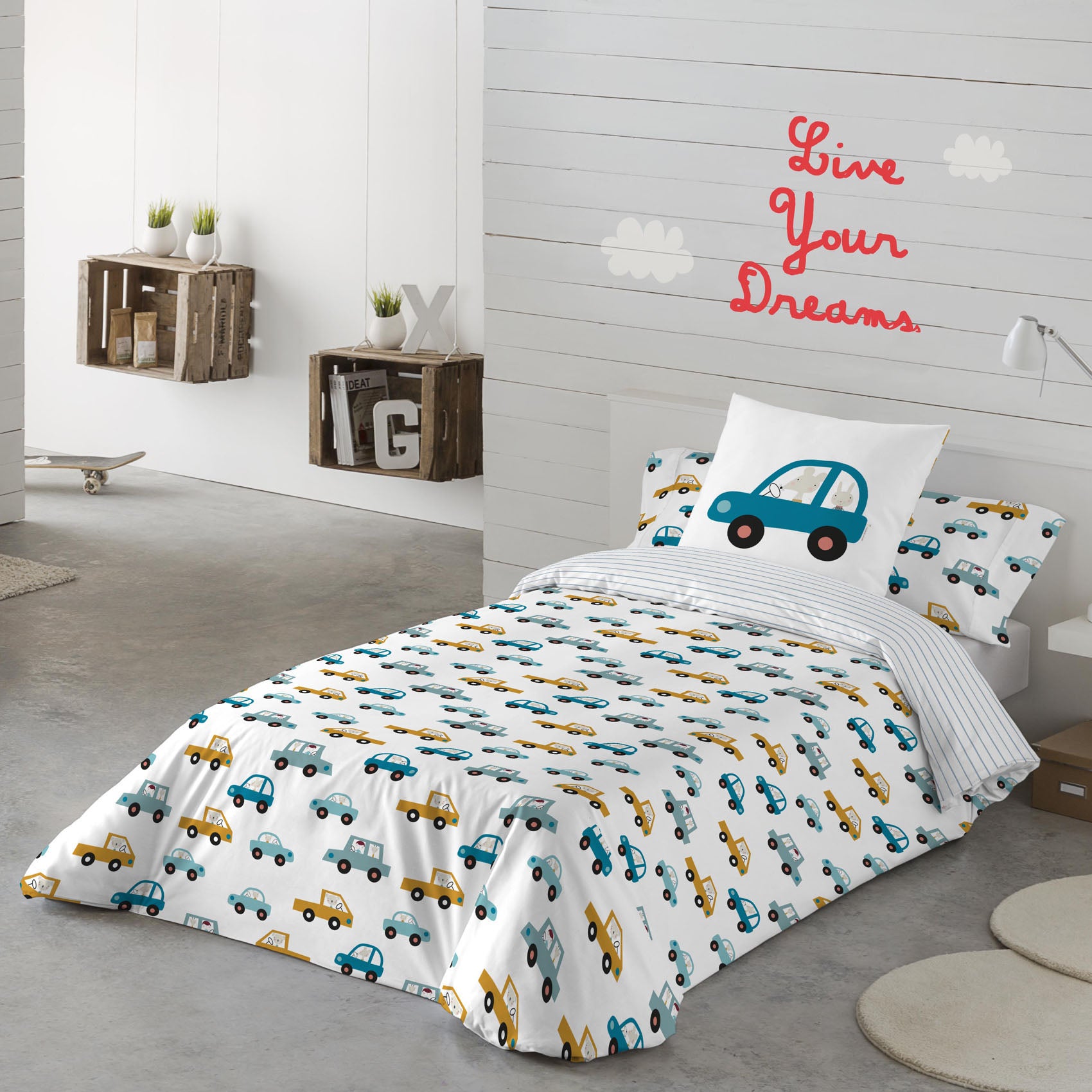 COPRIPIUMINO REVERSIBILE STAMPATO PER BAMBINI AUTO 100% COTONE