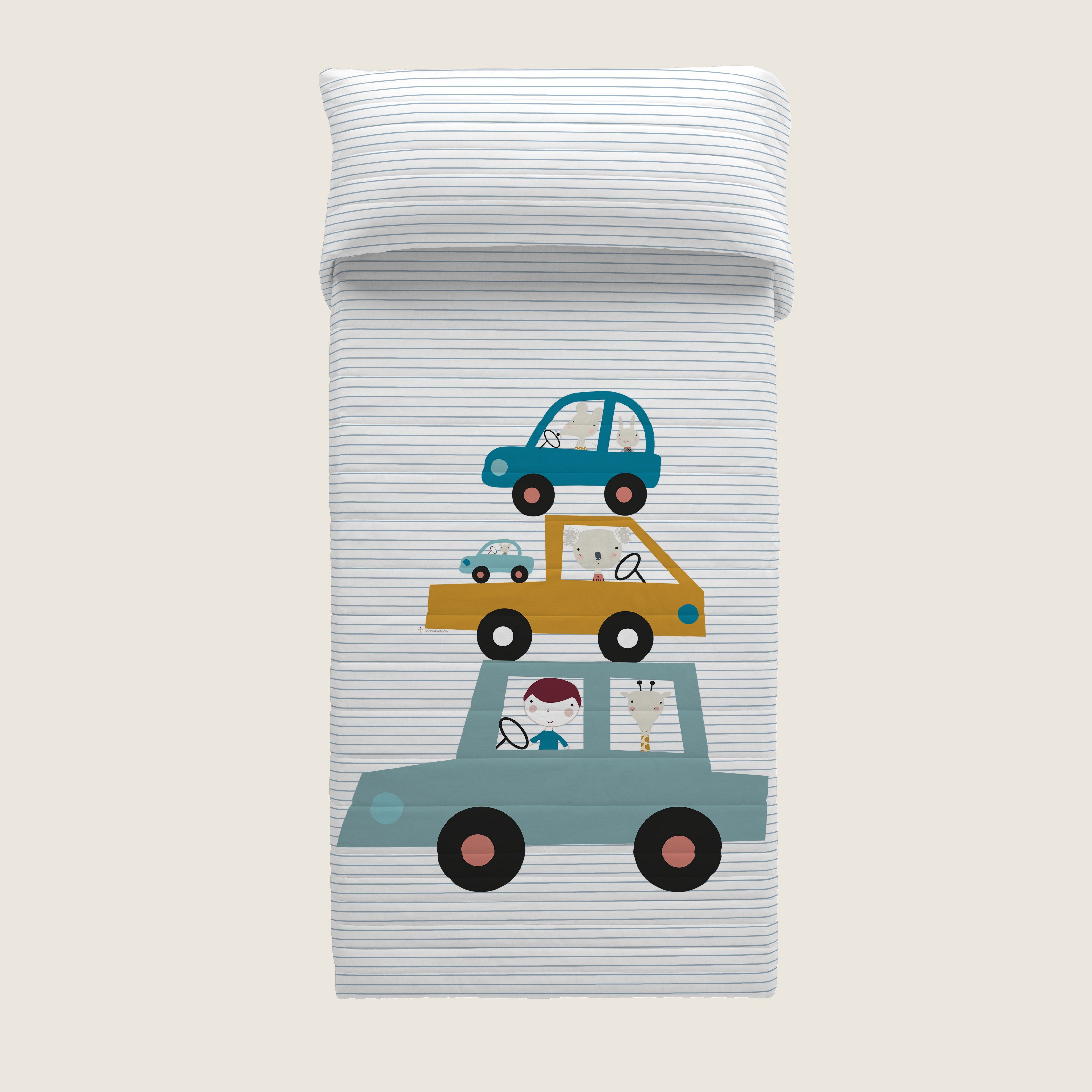 COLCHA BOUTI REVERSIBLE ESTAMPADA INFANTIL COCHES 100% ALGODÓN