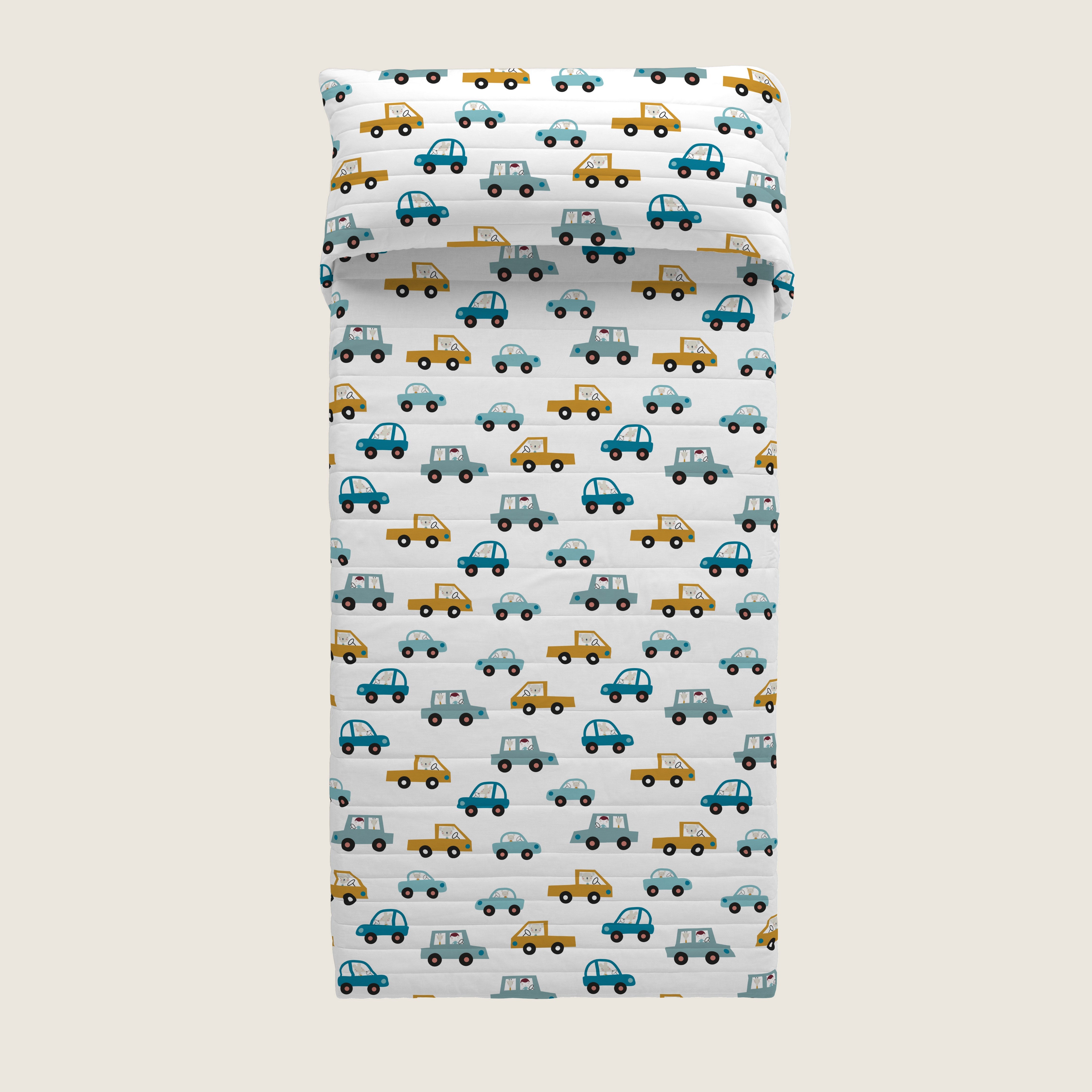 COLCHA BOUTI REVERSIBLE ESTAMPADA INFANTIL COCHES 100% ALGODÓN