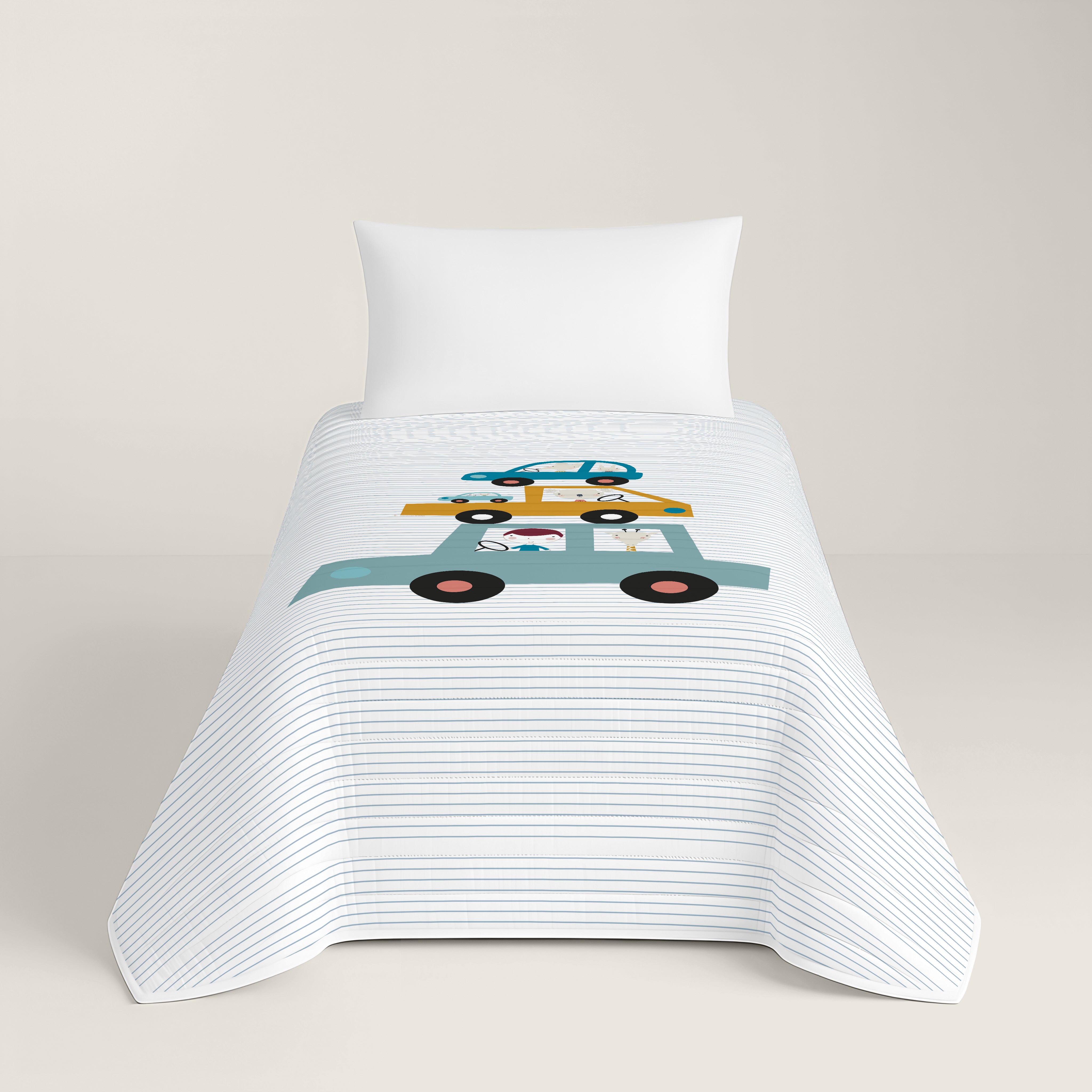 COLCHA BOUTI REVERSIBLE ESTAMPADA INFANTIL COCHES 100% ALGODÓN