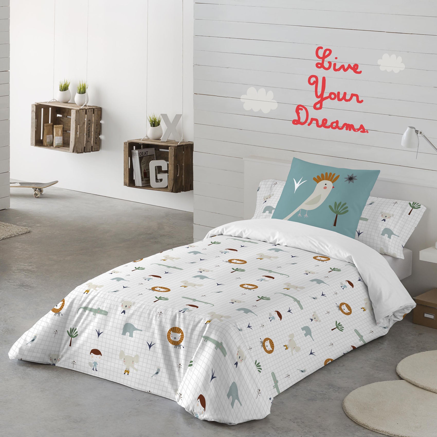 FUNDA NÓRDICA REVERSIBLE ESTAMPADA INFANTIL JUNGLA NIÑO 100% ALGODÓN