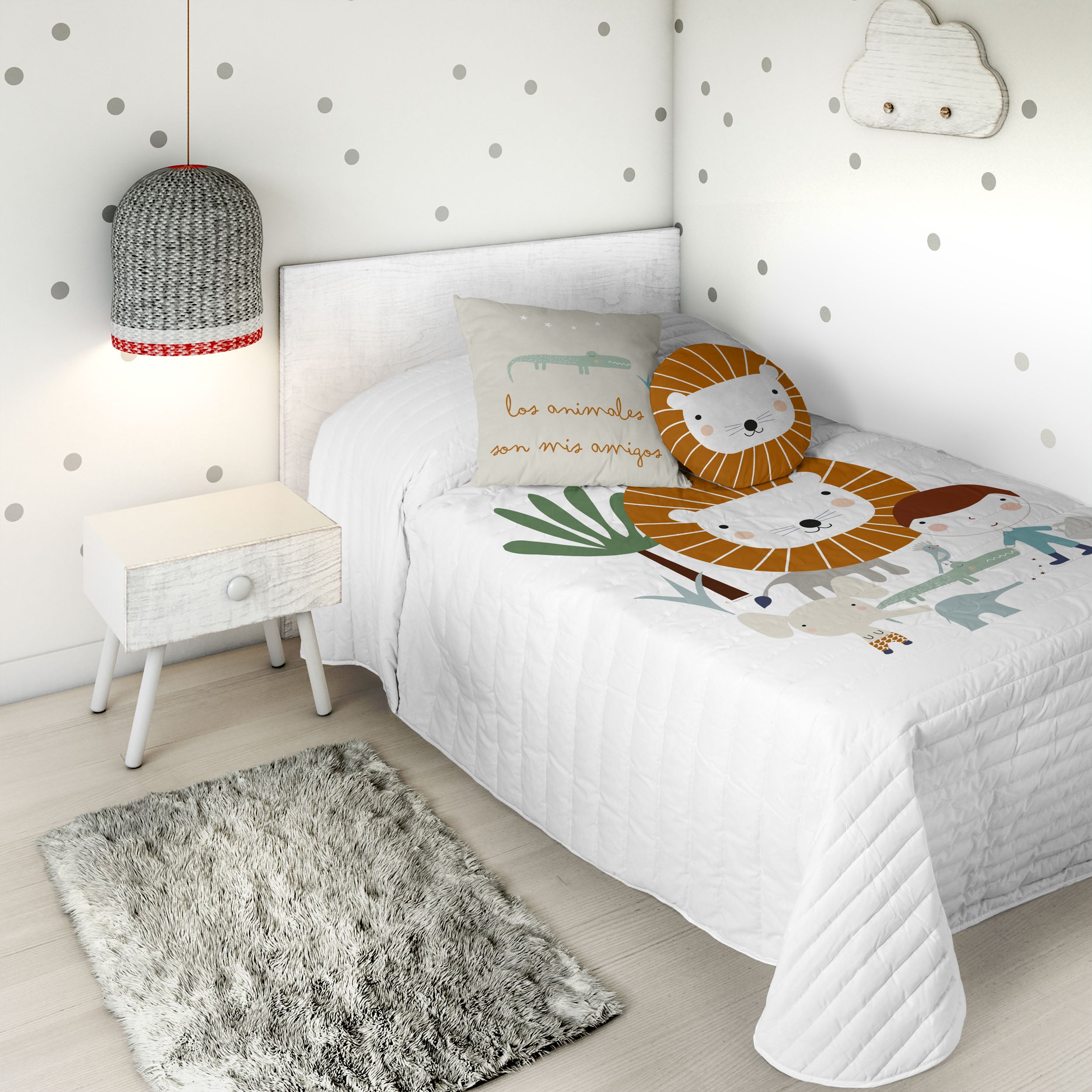 COLCHA BOUTI REVERSIBLE ESTAMPADA INFANTIL JUNGLA NIÑO 100% ALGODÓN