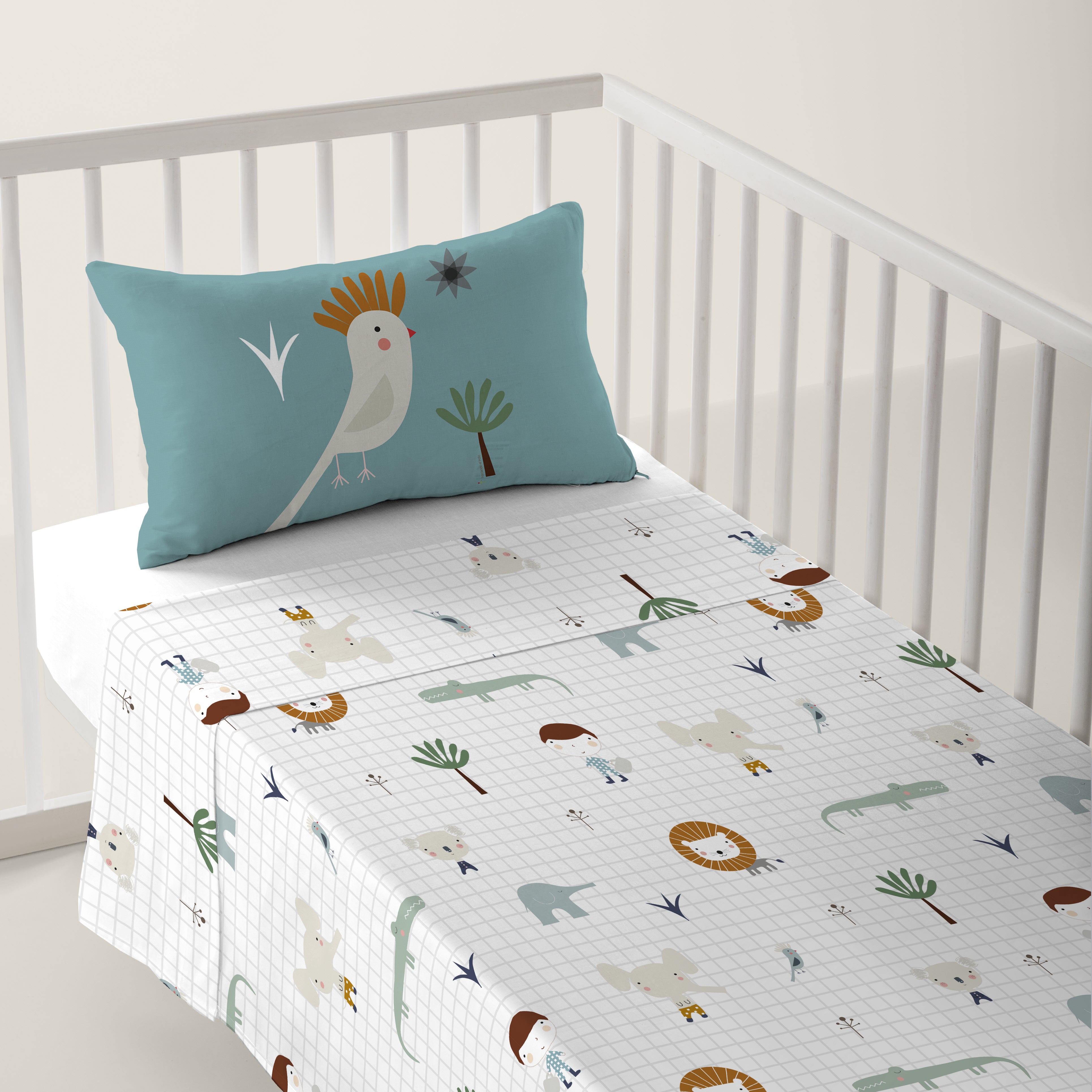 JUEGO DE SÁBANAS CUNA BEBÉ JUNGLA NIÑO B 100% ALGODÓN