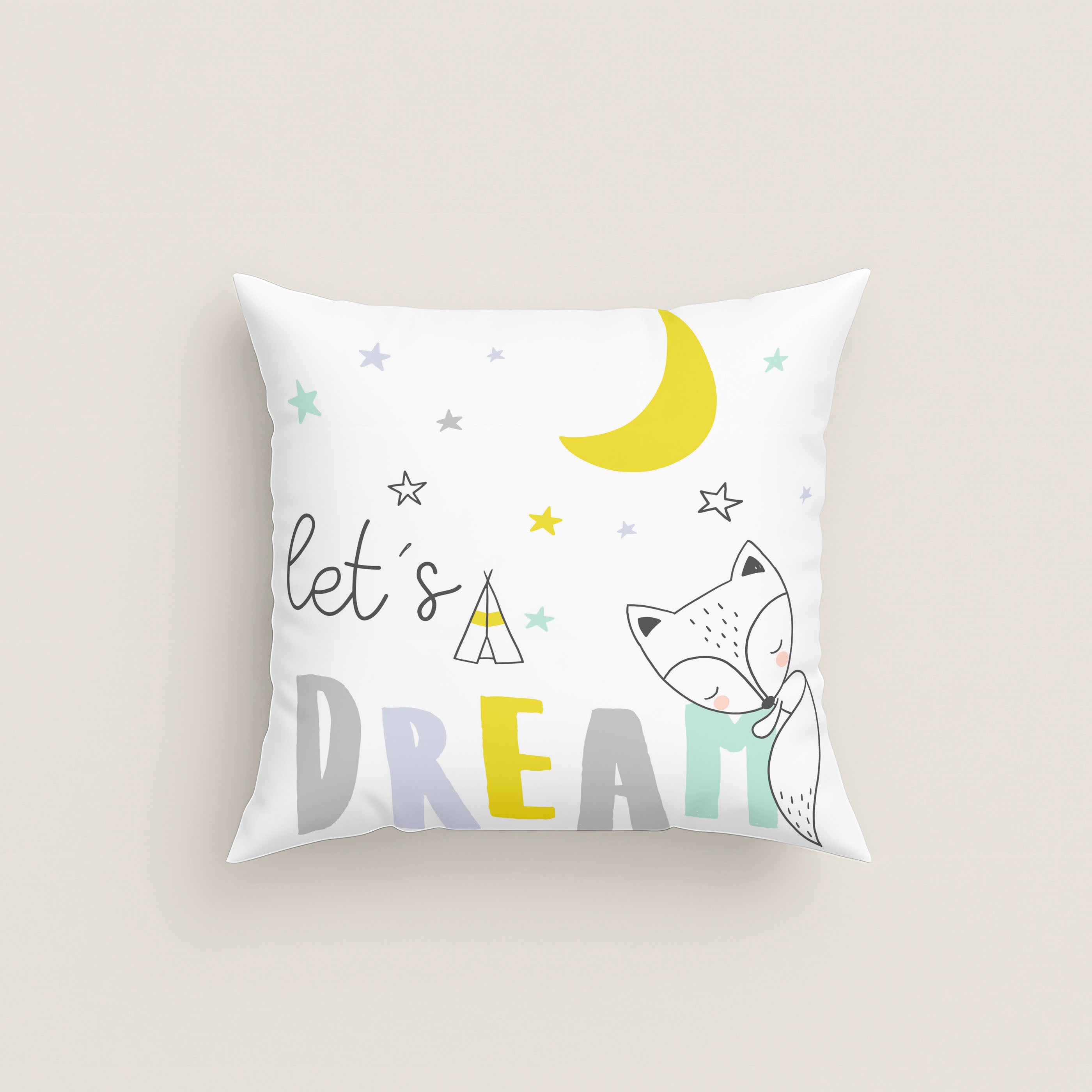 FUNDA DE COJÍN ESTAMPADO INFANTIL LETS DREAM 100% ALGODÓN