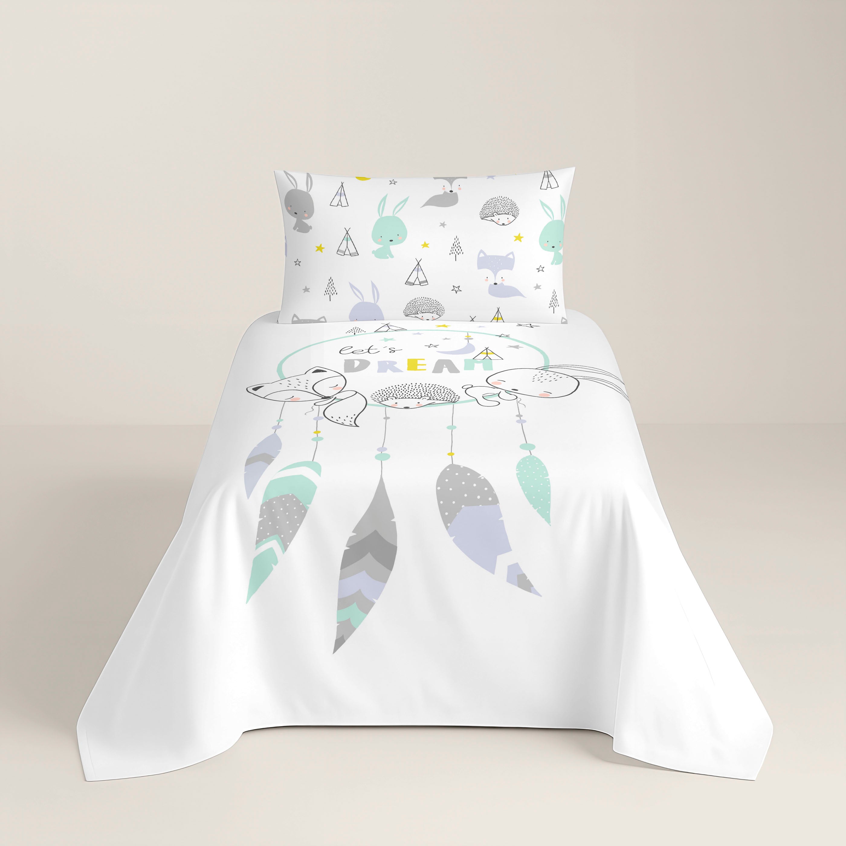 JUEGO SÁBANAS ESTAMPADAS INFANTIL LETS DREAM A 100% ALGODÓN