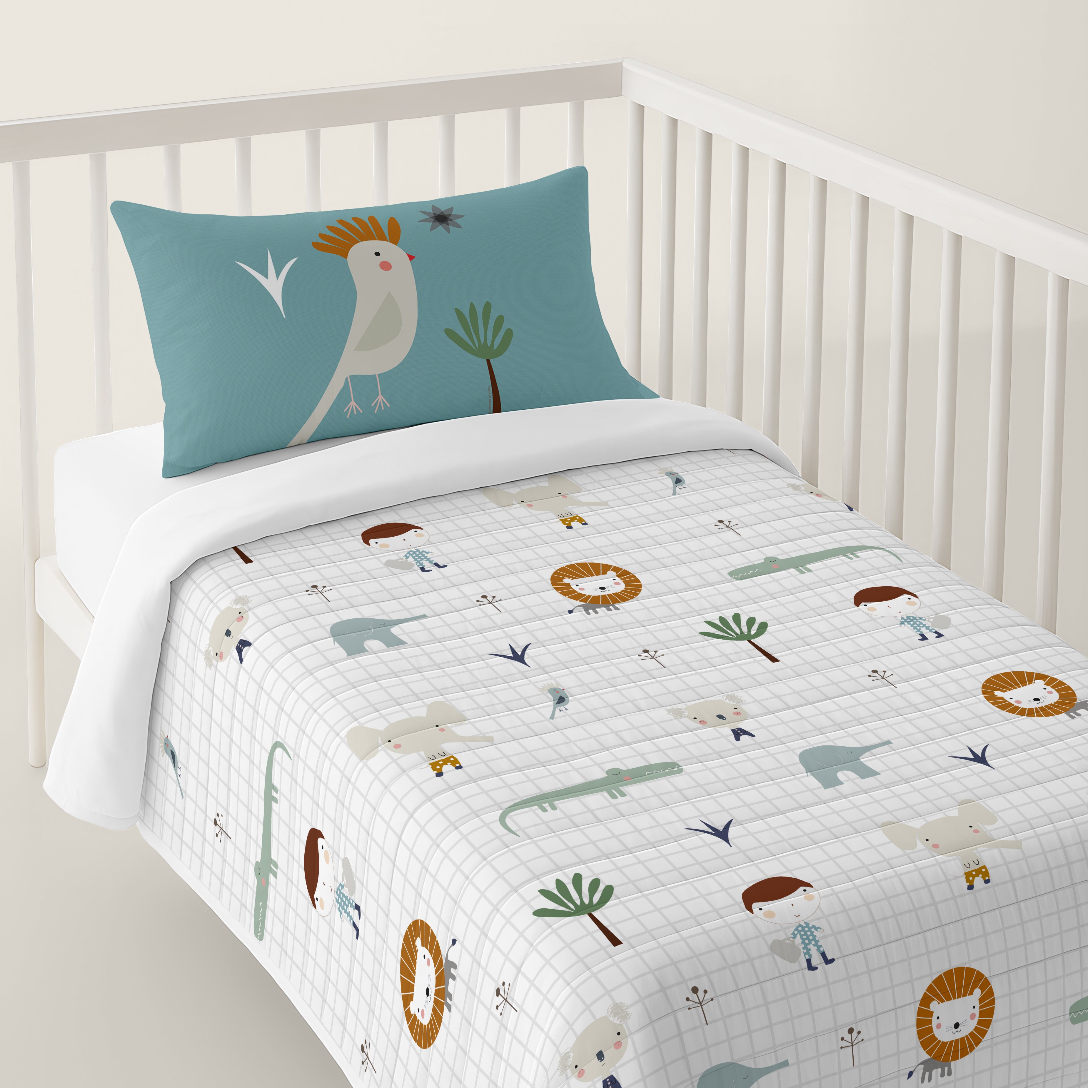 COLCHA BOUTI REVERSIBLE ESTAMPADA BEBÉ CUNA JUNGLA NIÑO 100% ALGODÓN