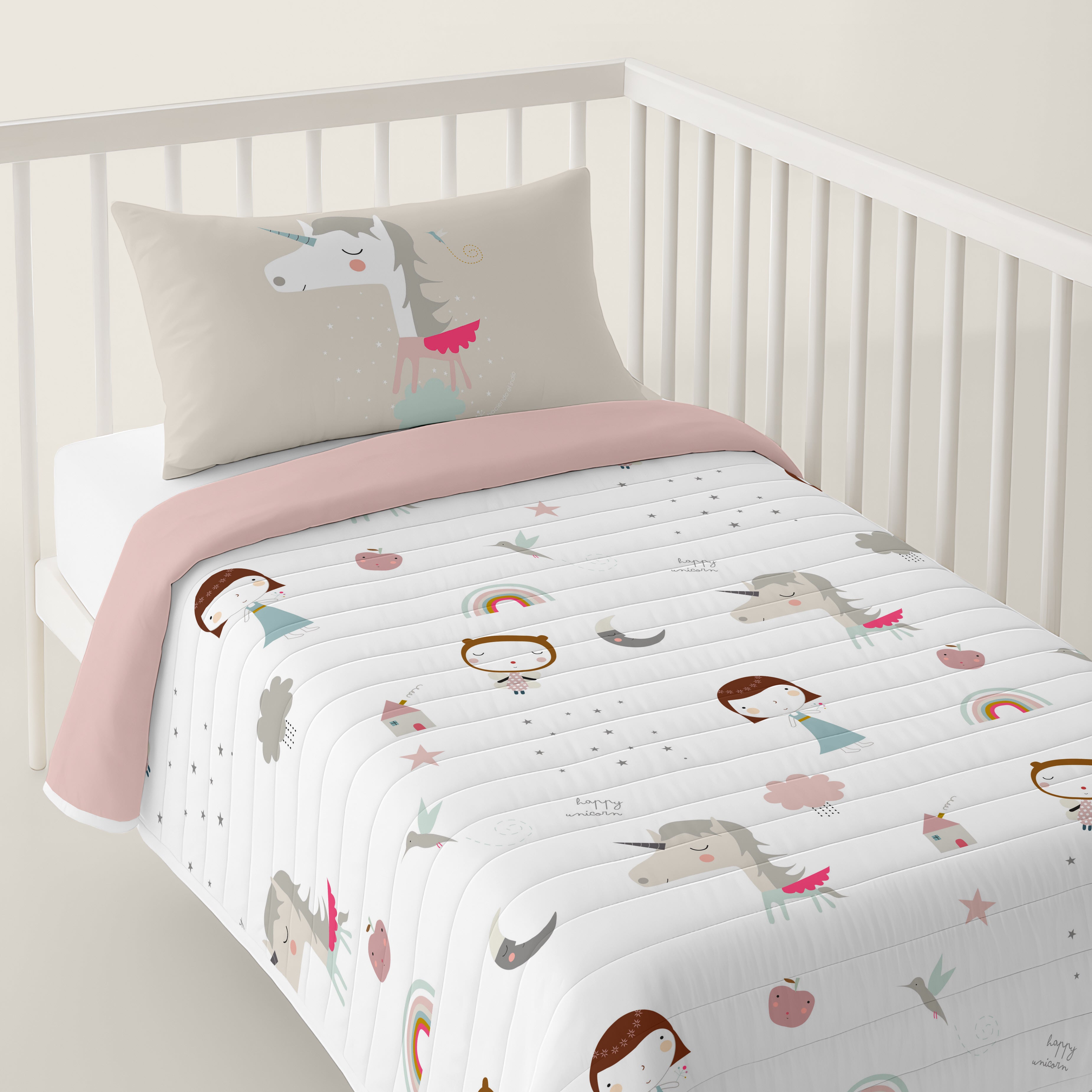 COLCHA BOUTI REVERSIBLE ESTAMPADA BEBÉ CUNA UNICORN PINK 100% ALGODÓN