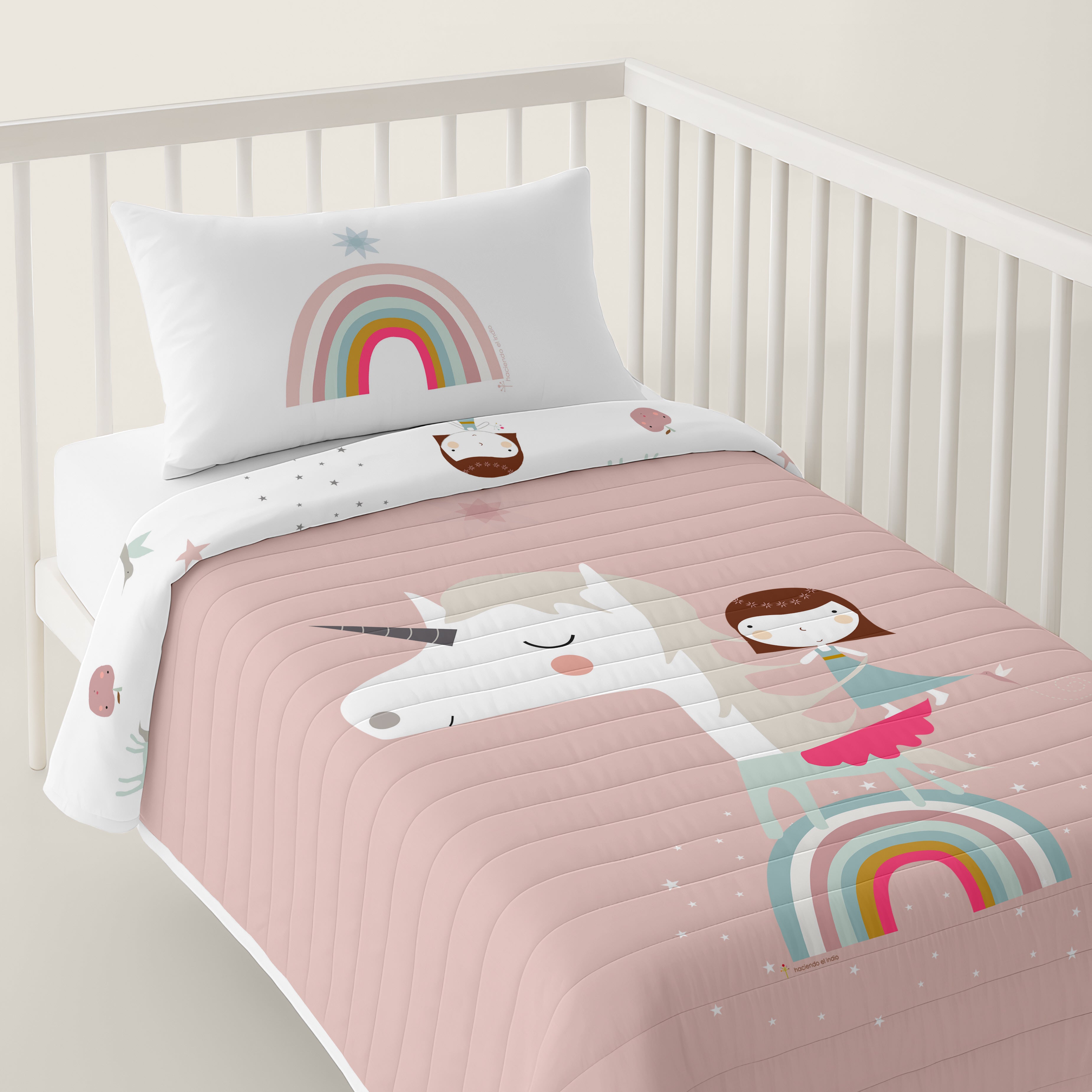 COLCHA BOUTI REVERSIBLE ESTAMPADA BEBÉ CUNA UNICORN PINK 100% ALGODÓN