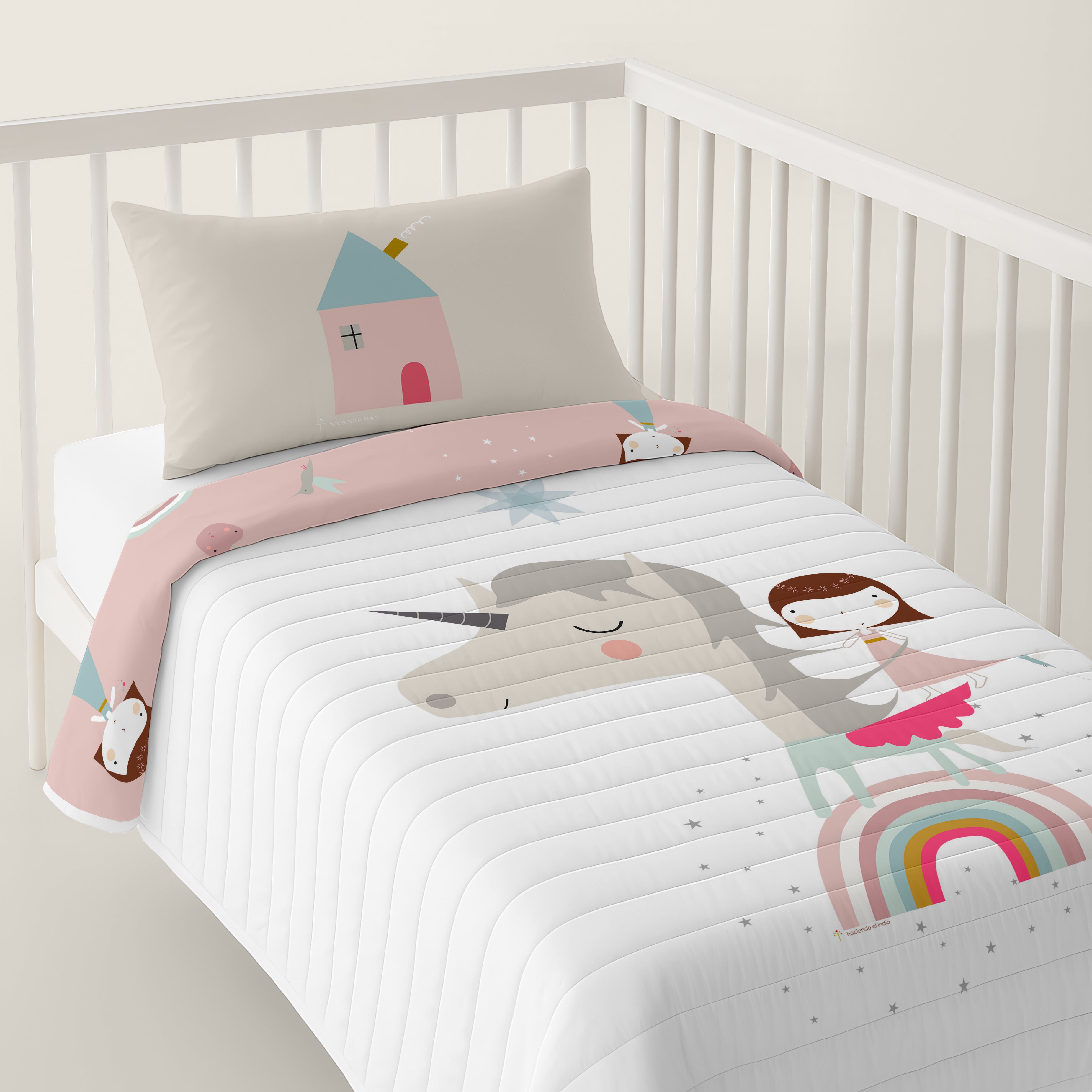 COLCHA BOUTI REVERSIBLE ESTAMPADA BEBÉ CUNA UNICORN WHITE 100% ALGODÓN