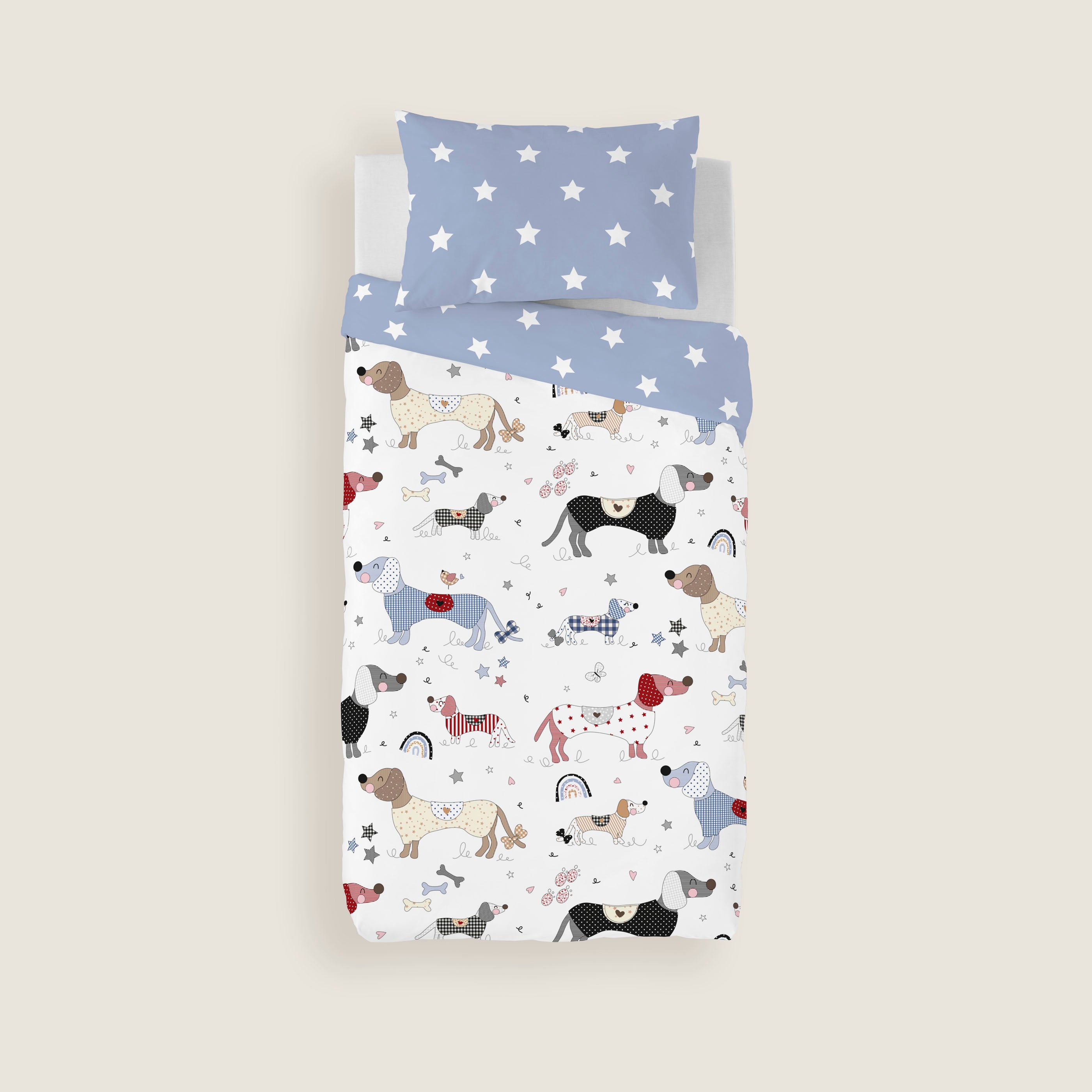 FUNDA NÓRDICA REVERSIBLE ESTAMPADA INFANTIL DOGGY PATCH 100% ALGODÓN