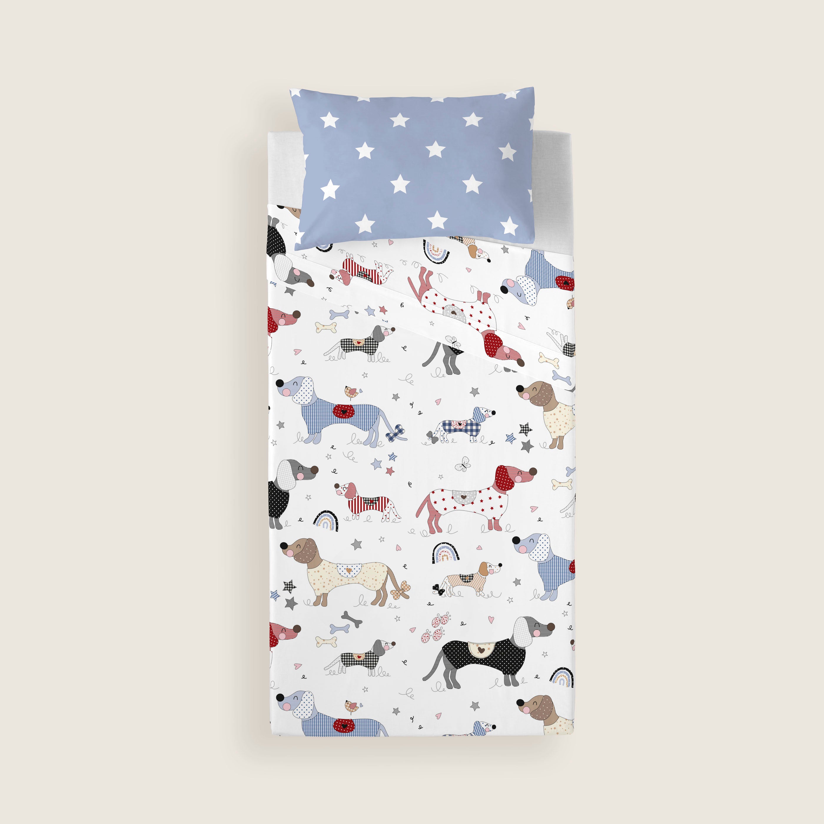 JUEGO SÁBANAS ESTAMPADAS INFANTIL DOGGY PATCH 100% ALGODÓN