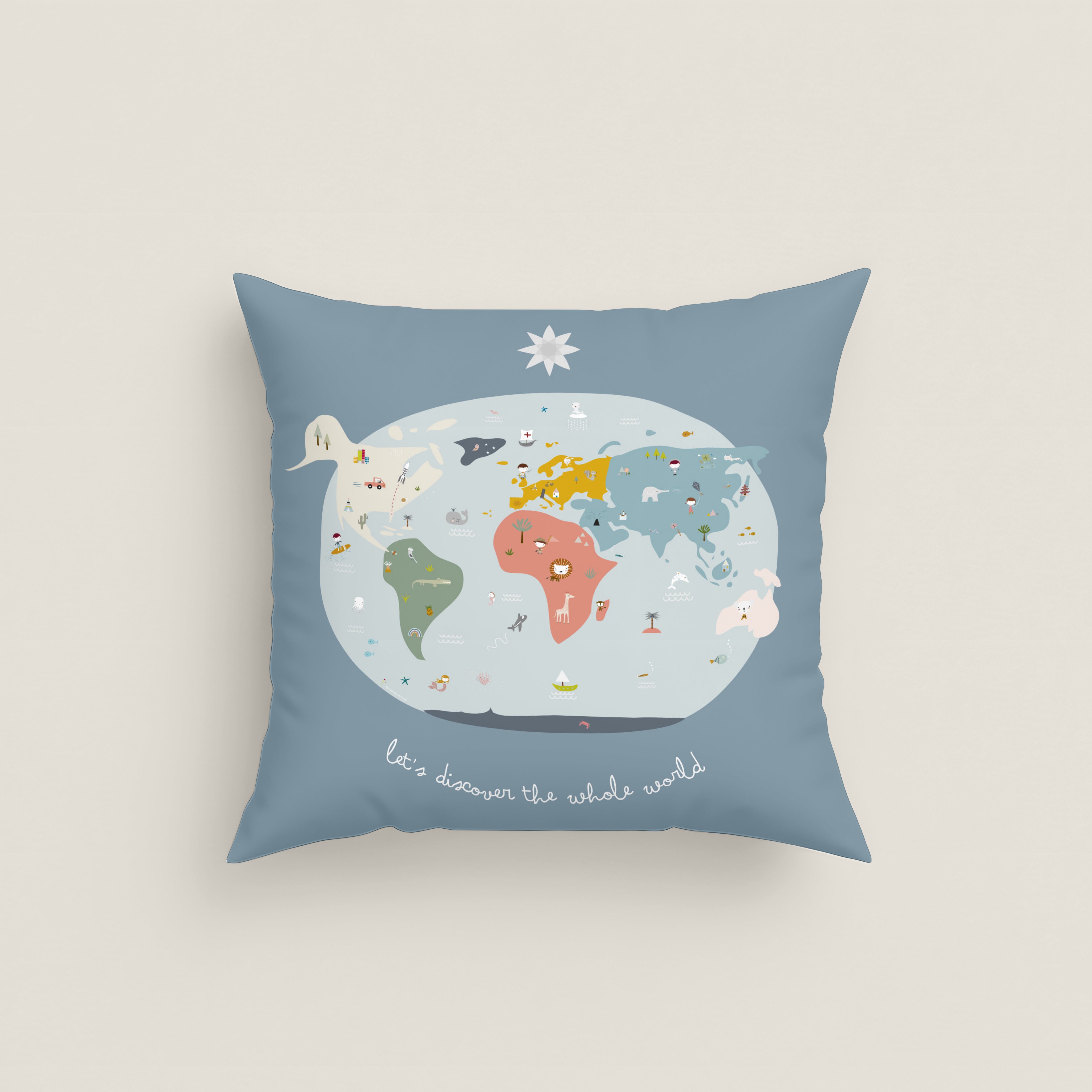 FUNDA DE COJÍN INFANTIL ESTAMPADO MAPAMUNDI 100% ALGODÓN