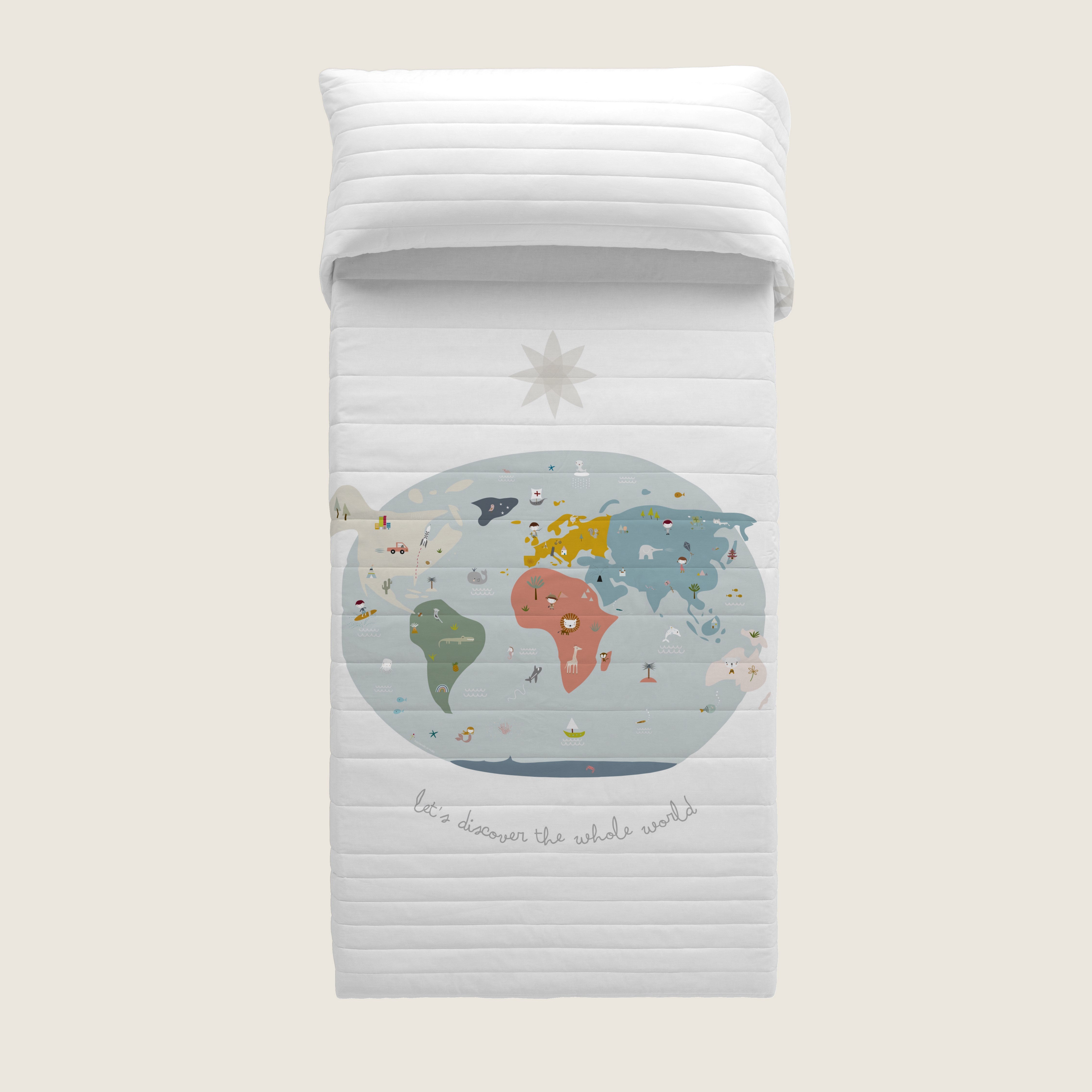 COLCHA BOUTI REVERSIBLE ESTAMPADA INFANTIL MAPAMUNDI 100% ALGODÓN