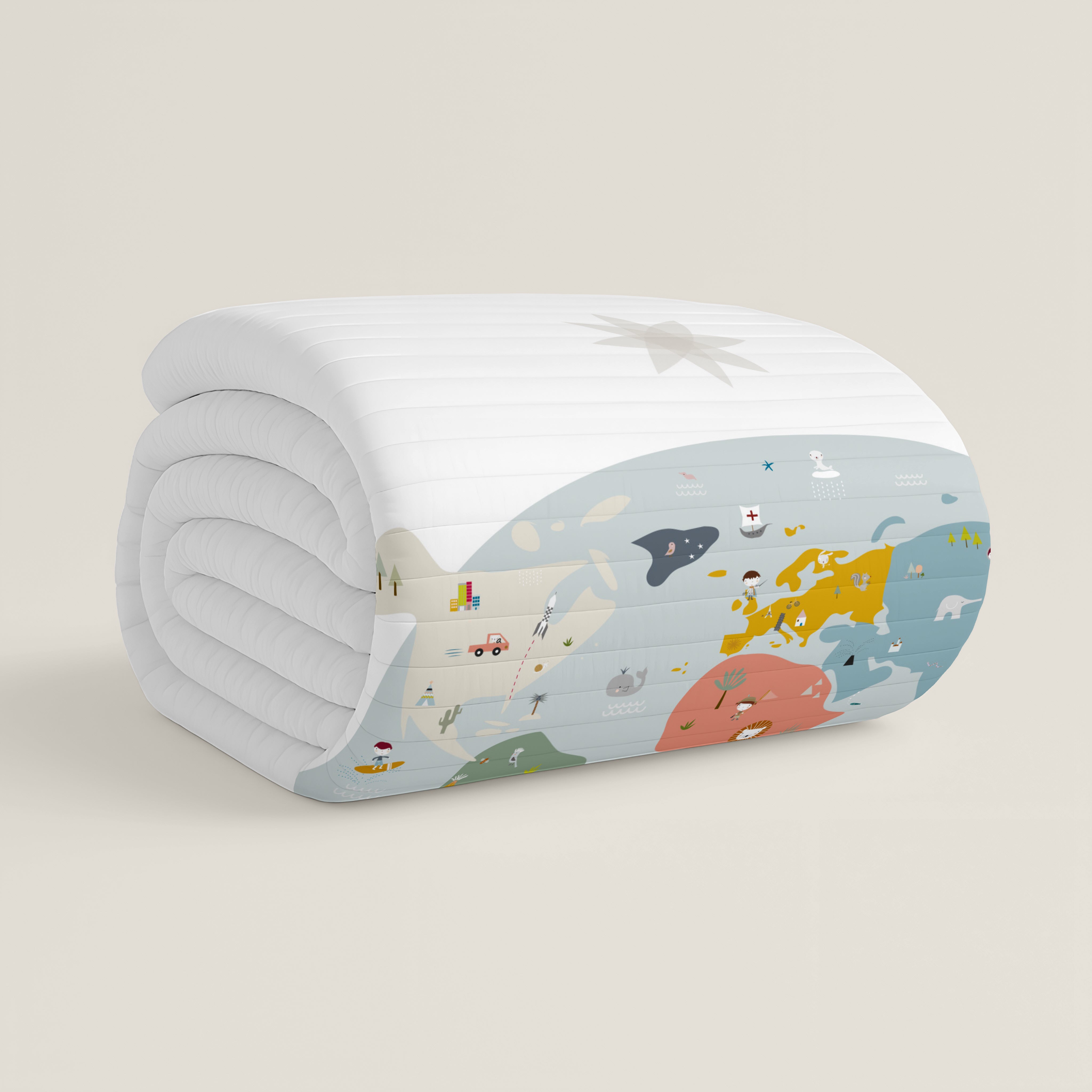 COLCHA BOUTI REVERSIBLE ESTAMPADA INFANTIL MAPAMUNDI 100% ALGODÓN