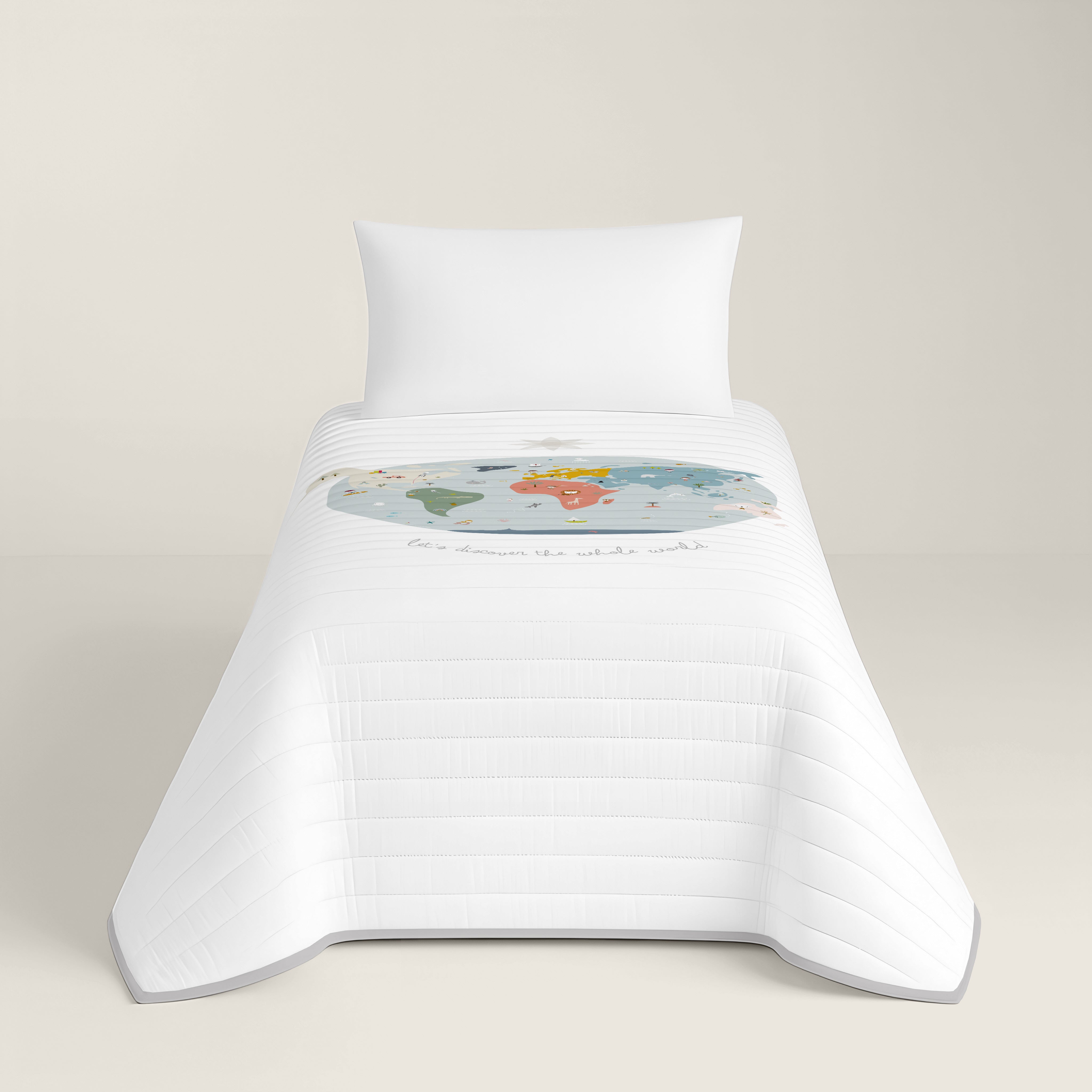 COLCHA BOUTI REVERSIBLE ESTAMPADA INFANTIL MAPAMUNDI 100% ALGODÓN