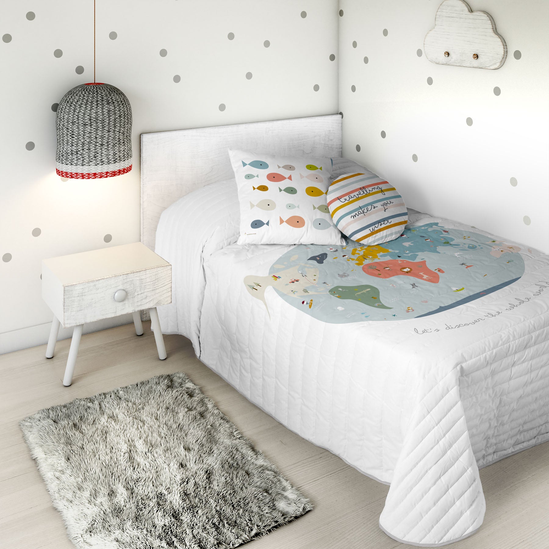 COLCHA BOUTI REVERSIBLE ESTAMPADA INFANTIL MAPAMUNDI 100% ALGODÓN