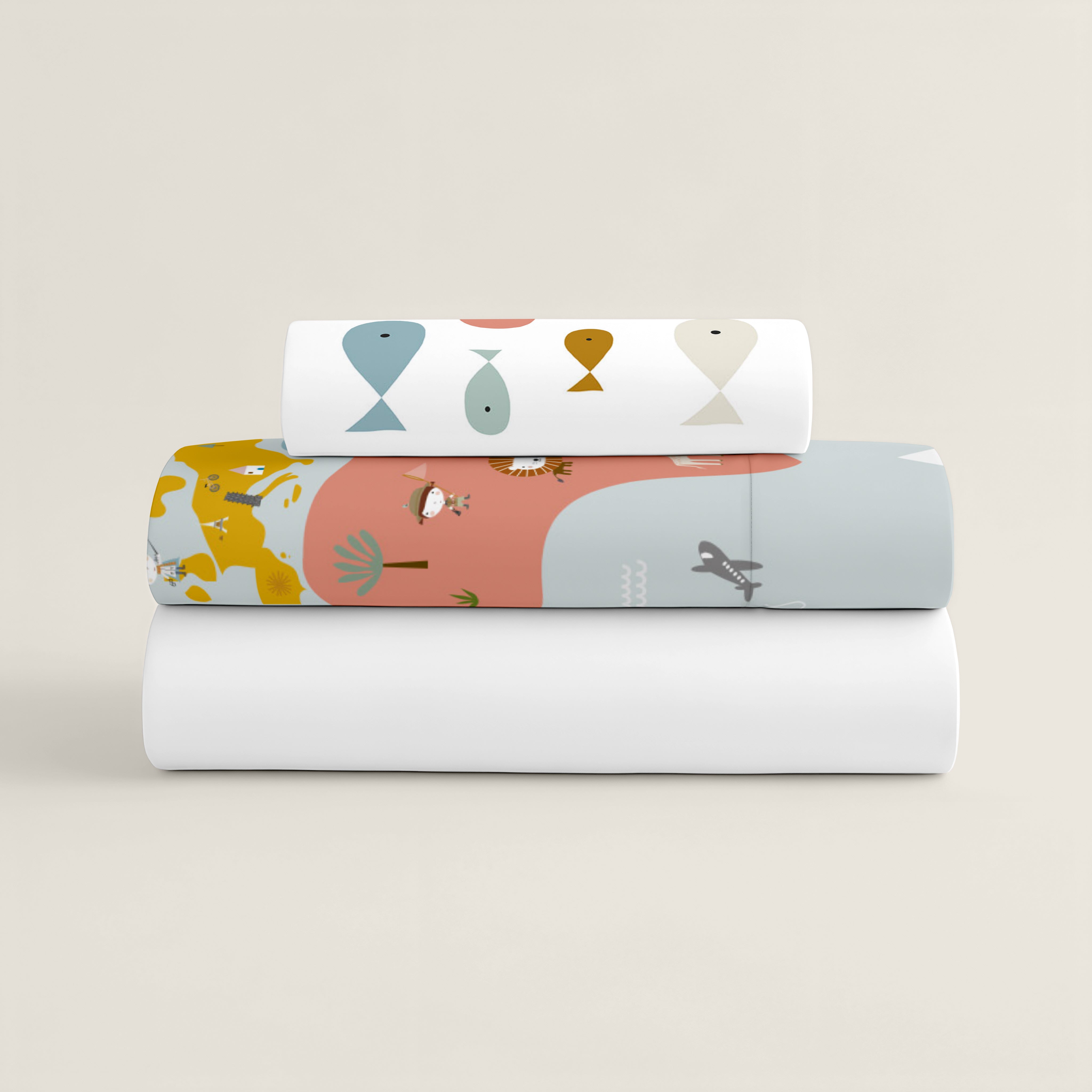 JUEGO DE SÁBANAS CUNA BEBÉ MAPAMUNDI 100% ALGODÓN